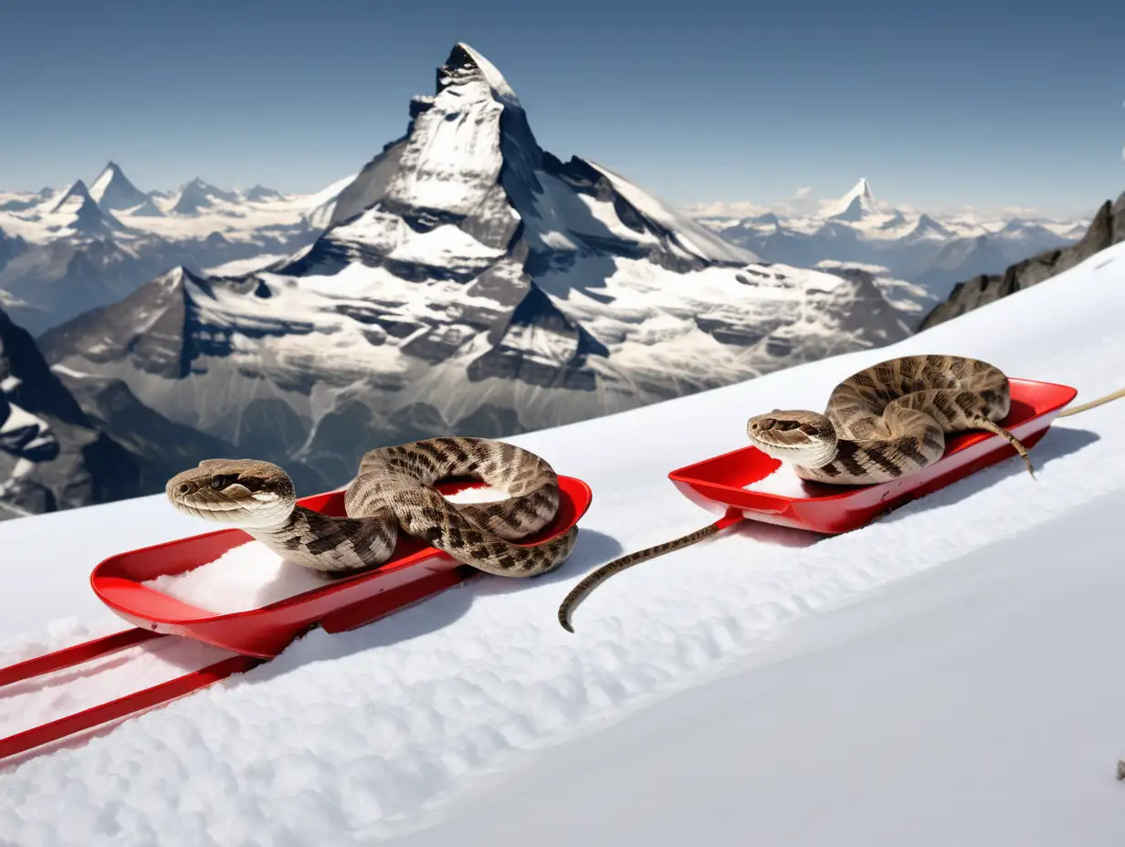 rattlesnakes riding on a snow sled down the Matterhorn