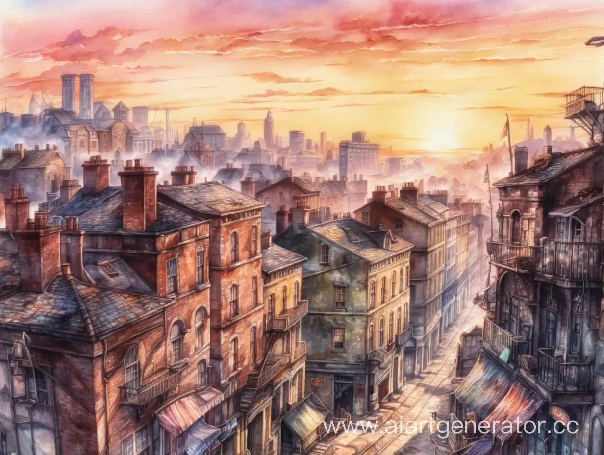 The background of a dilapidated and burnt-out 19th century city, the sun is just rising, giving the sky bright colors. Everything is done with a non-neat watercolor painting style, which is similar to the anime of the 90s