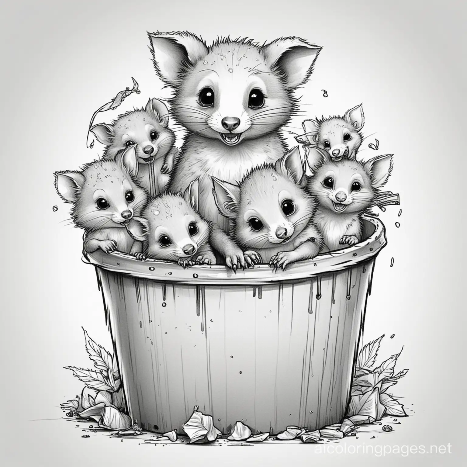 A  happy possum family digging through a trash can. The mother possum has her young on her back., Coloring Page, black and white, line art, white background, Simplicity, Ample White Space. The background of the coloring page is plain white to make it easy for young children to color within the lines. The outlines of all the subjects are easy to distinguish, making it simple for kids to color without too much difficulty