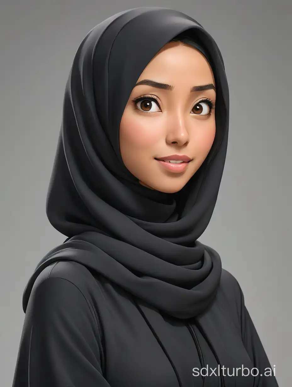 Caricature of a Japanese woman with black hijab, wearing a black Muslim clothes, gray background