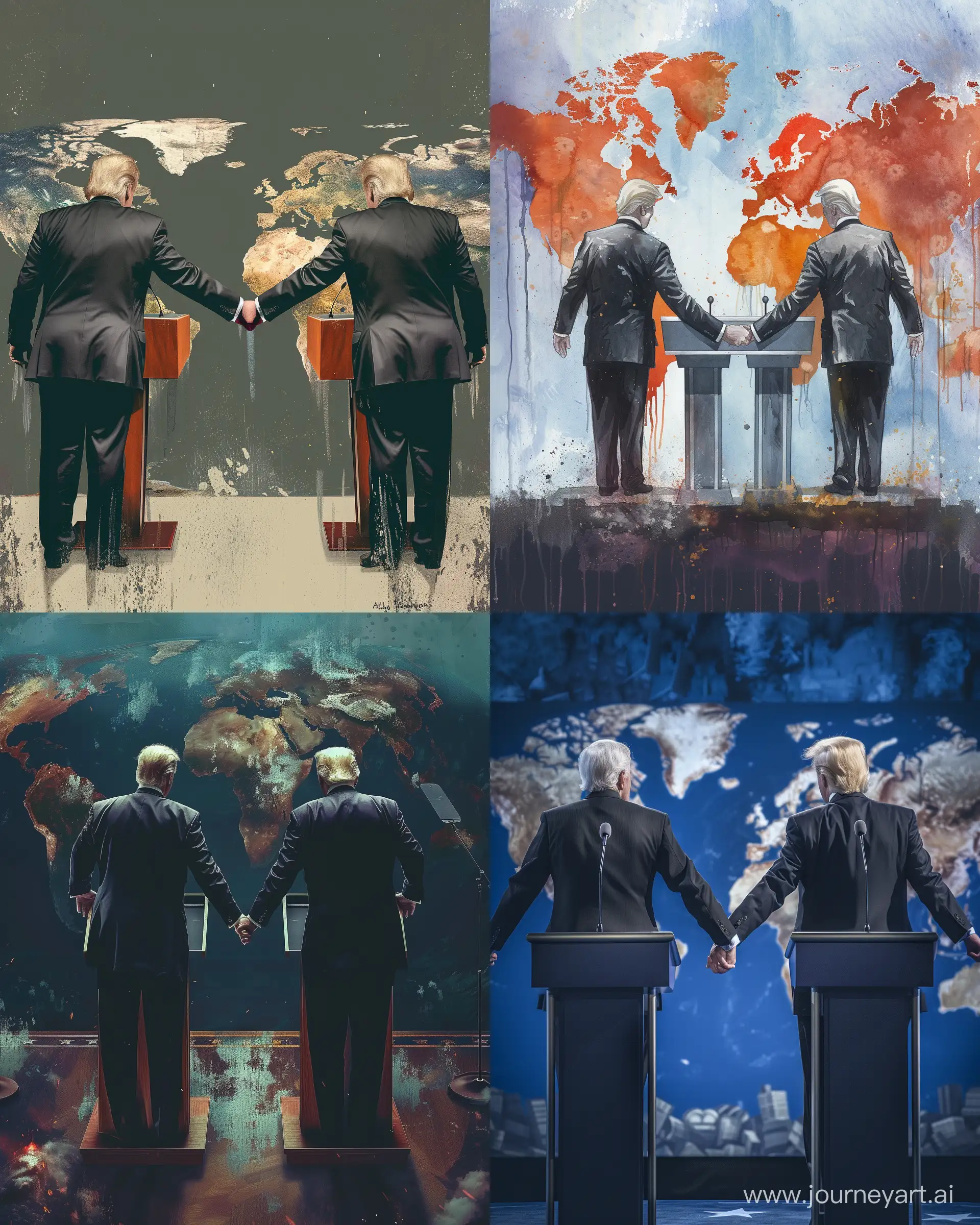 two opposing presidential candidates, one republican and one democrat, holding hands behind their backs. The world falling to ruin around them as they make outward demands and declarations from their respective podiums. --ar 4:5 --v 6