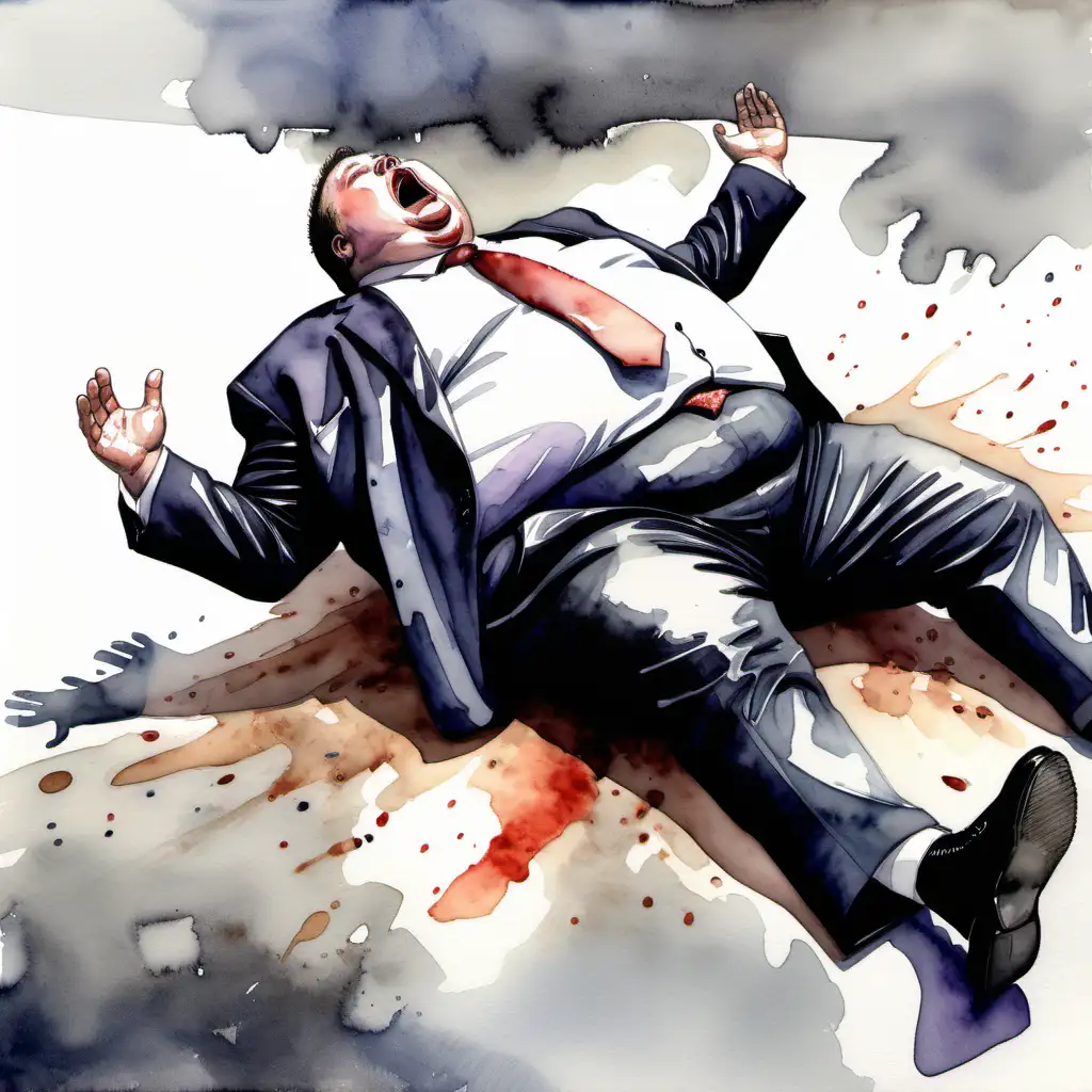 
FAT MAN IN SUIT AND TIE FALLS ON GROUND DEAD WITH MOUTH OPEN
, watercolor