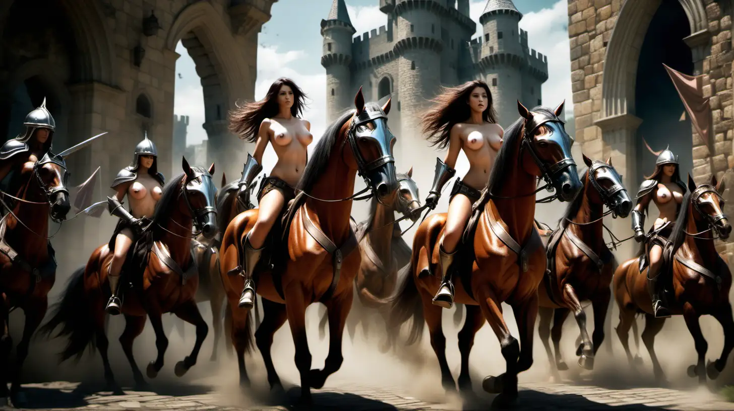 Armored Female Paladins Riding Horses to Battle from Castle Gates