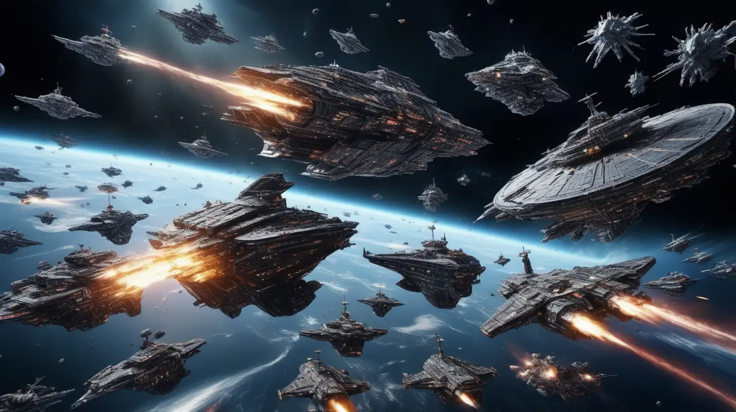 ultra-realistic high resolution and highly detailed photo with depth-perception of a massive space battle with hundreds of ships 