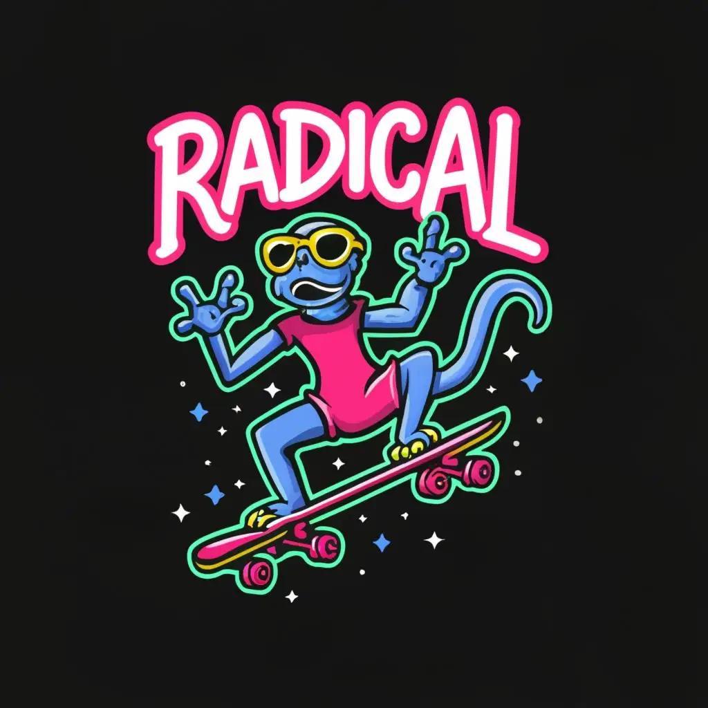 logo, create a crazy skateboarding gecko wearing 80s style clothing, sunglasses , Neon, Minimal, Contour, black Background, Detailed, with the text "Radical", typography