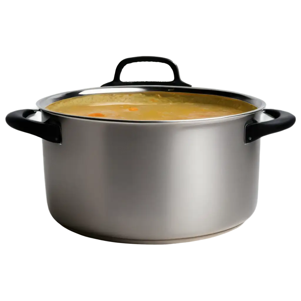 a large silver pot without a lid stands on the hob, with soup