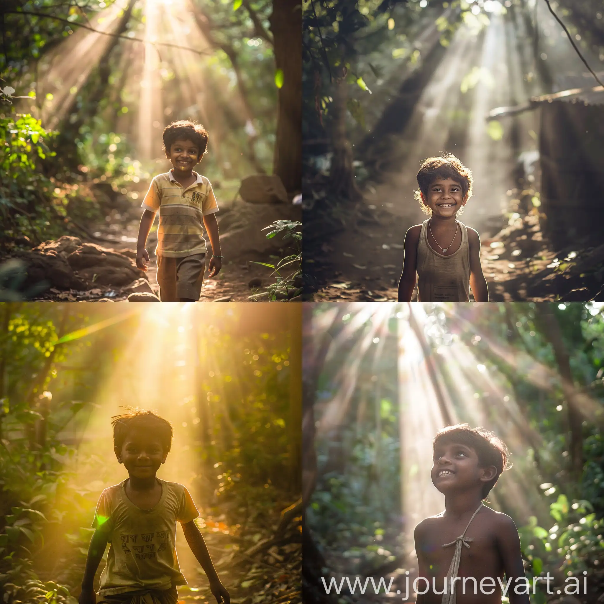 indian boy walking in forest, sunlight shining down, illuminating his face, full of smiles
