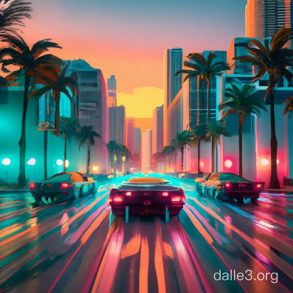 Hotline Miami Style Cityscape Racing with Cyberpunk Cars | Dalle3 AI
