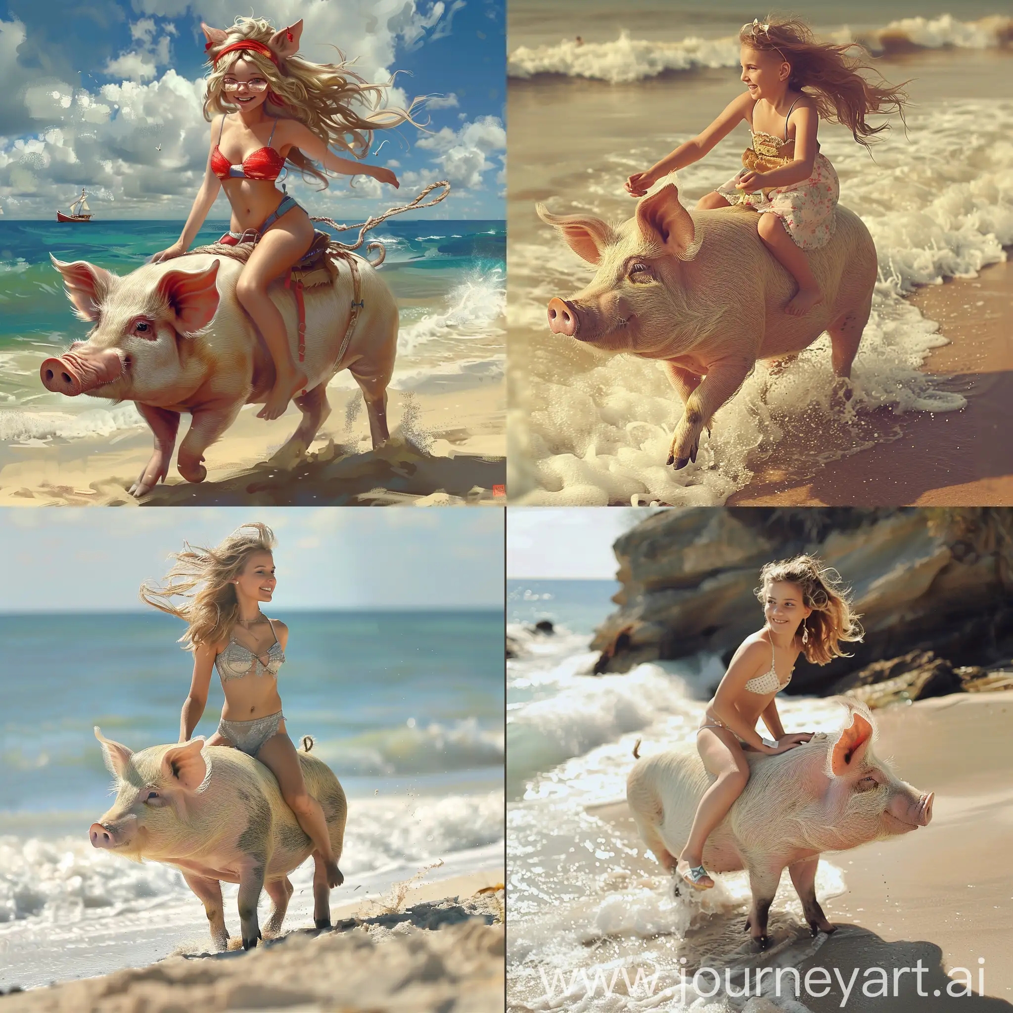 A sexy and beautiful girl is riding a pig by the seaside.