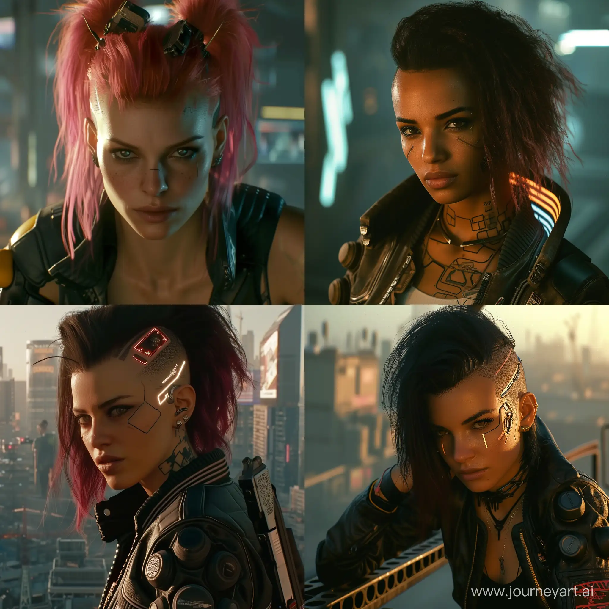 La Roux in Cyberpunk 2077 in the morning, emphasize her hairstyle
