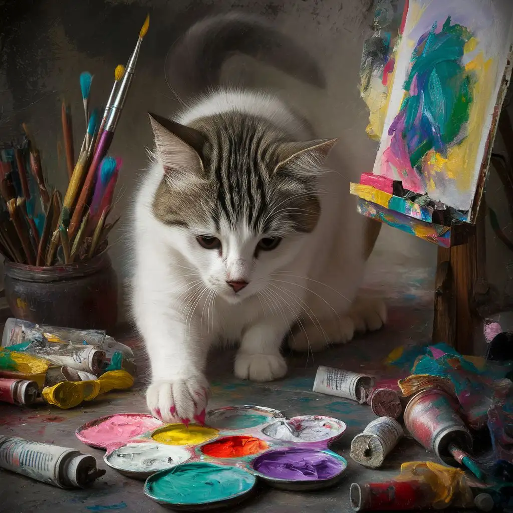 Curious-Feline-Encounter-with-Vibrant-Art-Supplies