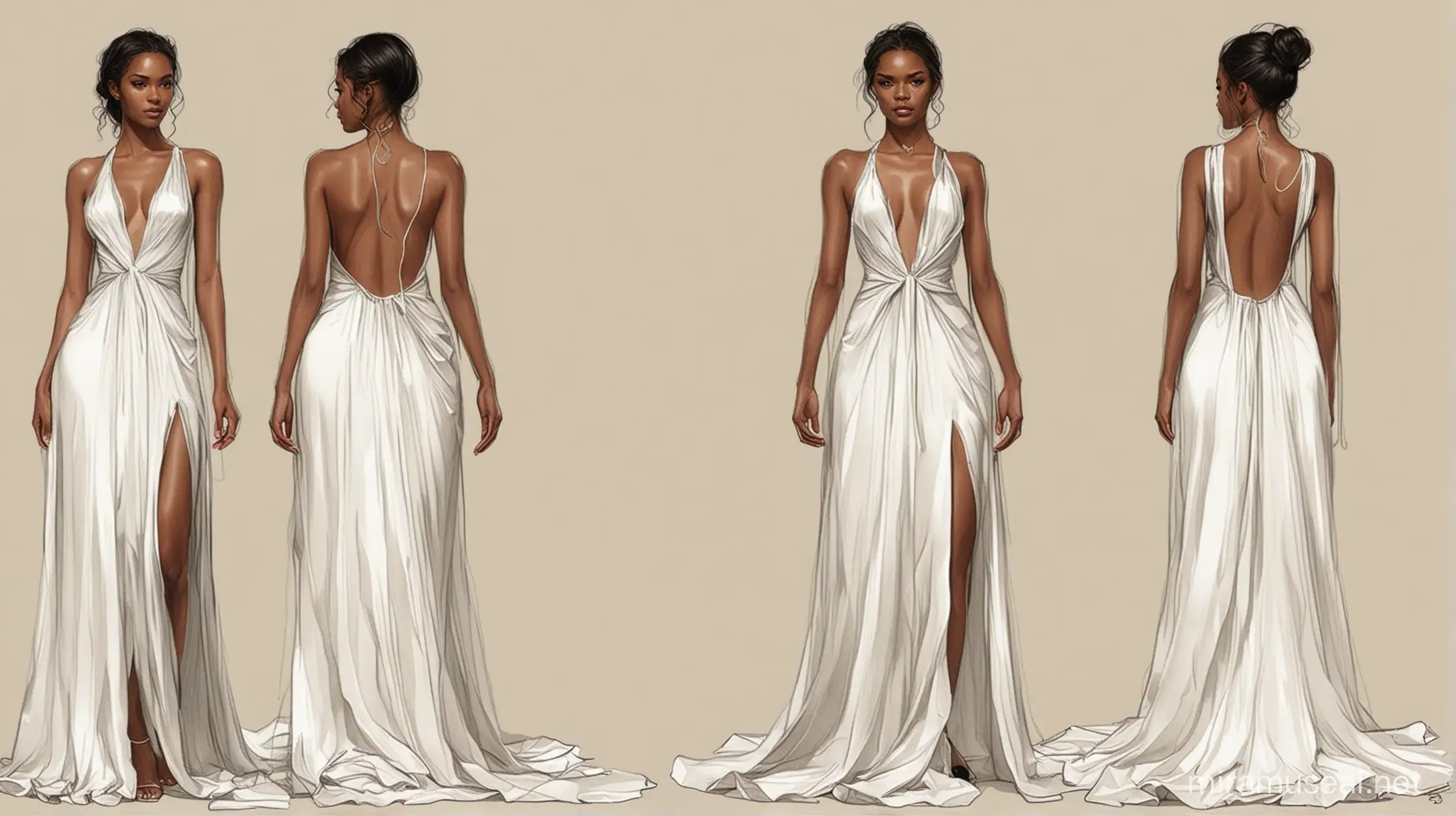 Create a fashion illustration using images you find in google for Africa Brooke. Design a silk dress with a bare back that ties to her neck from the front. Make the bare back very low. Create the silk in a flowing manner with doodles that resemble artistic mark making. Show me an off white dress with black marks.

Good start. 

Can you use a black woman with no hair? 

show me the back of this dress, with a black bold woman

Make the illustration so I can see the back of this dress

Show me full body from this angle

I want to see her entire body. Make the dress so it ties at the neck, and it's a backless long dress

Make the woman bold

Show me a fashion illustration of the dress on the far left in the style of Balenziaga
