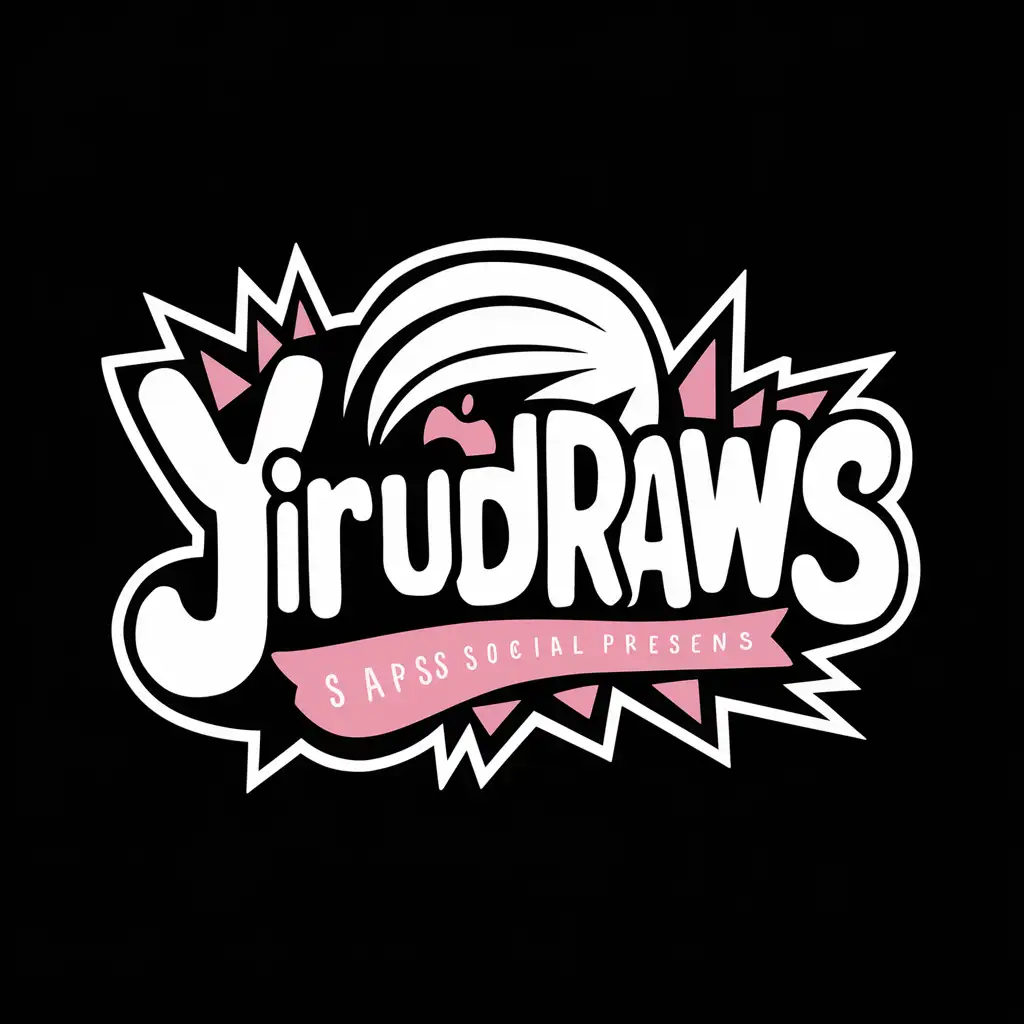A detailed drawn logo for an artist's social media. The logo is 2d and says Yirudraws. It is in black, white and pink colors and has a cute style with punk elements.