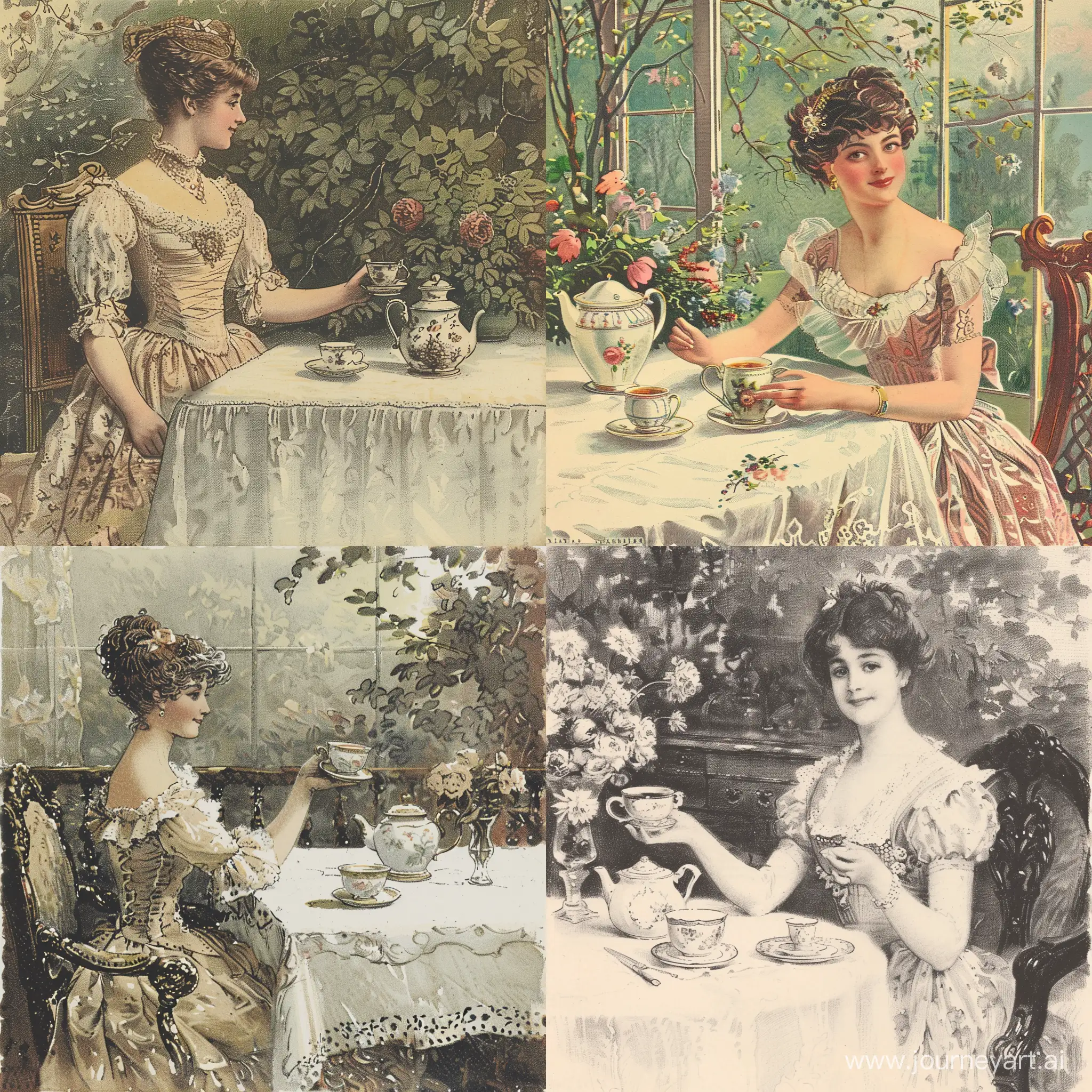 Draw art postcard  of the XIX century, at the table sits a woman in a dress and holds a cup of tea., On the table white tablecloth, porcelain teapot, flowers.
