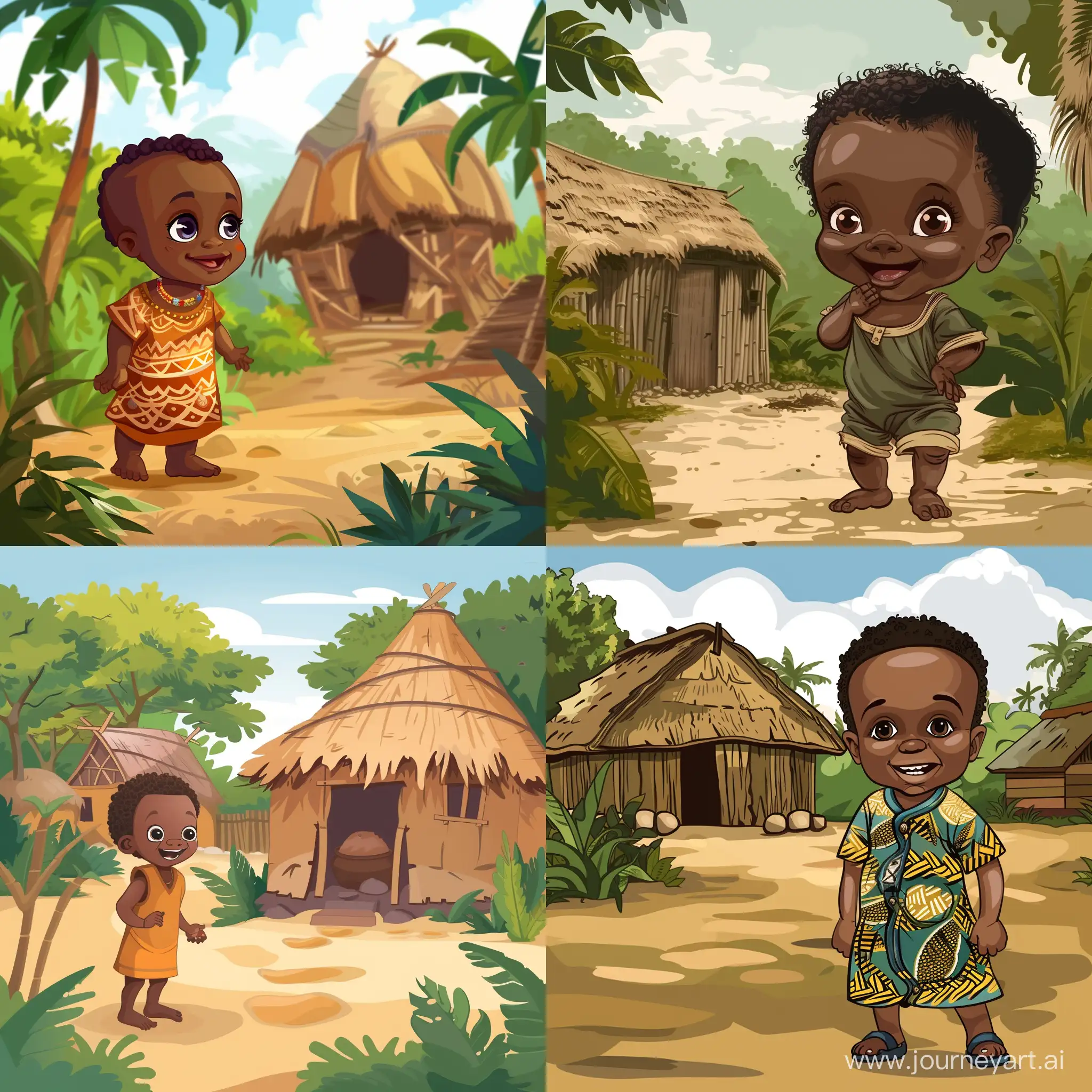 African baby of 2 years as a cartoon in a village near a hut