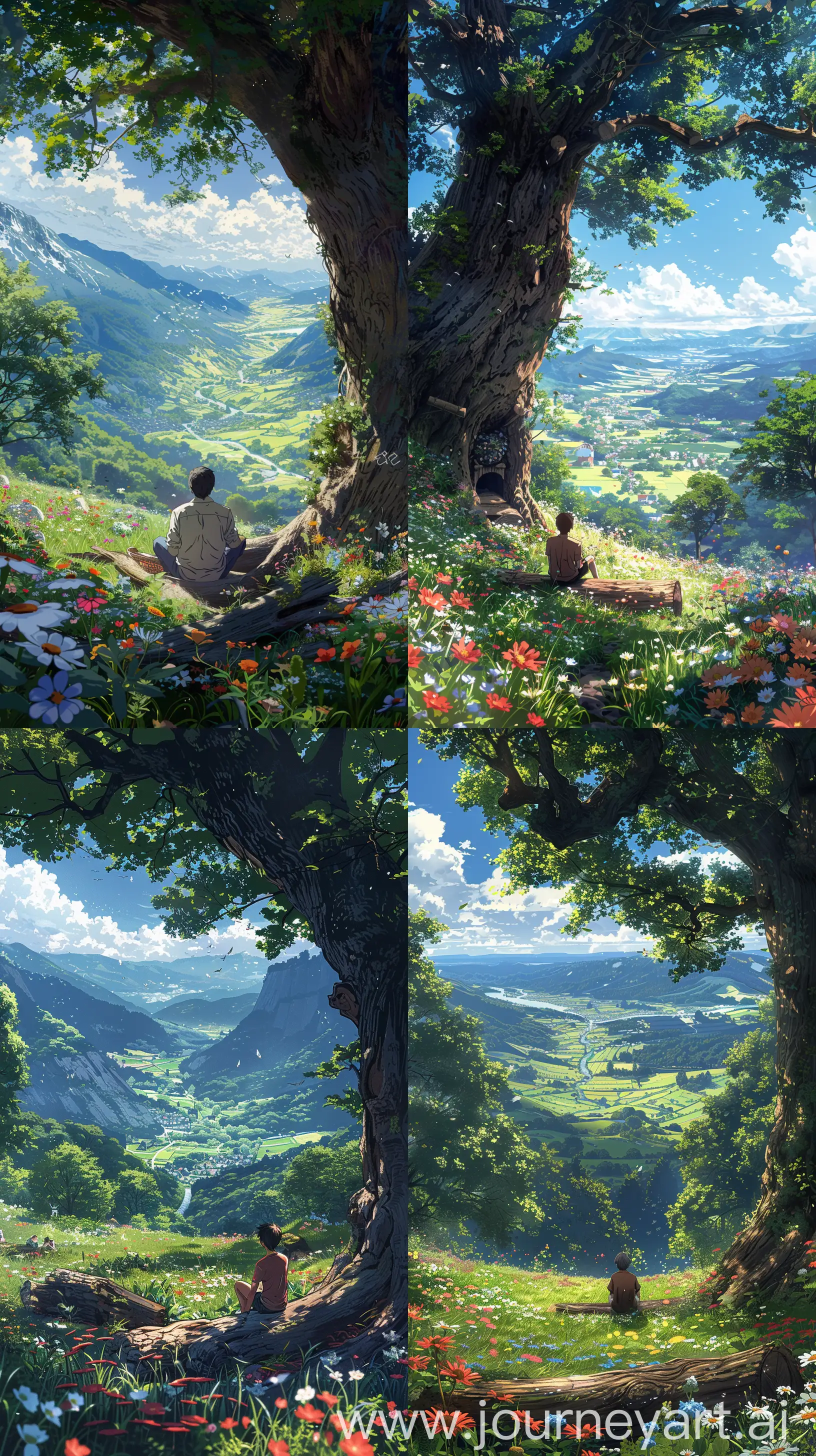 Anime scenary, illustration, mokoto shinkai and Ghibli style mix, direct front facade view of man sit under big tree,summers, looking at valley, wild flowers, breeze, wooden log, cozy, meadows, beautiful view, summer day, vibrant look, ultra HD, high quality, sharp details, anime scenary ,no hyperrealistic --ar 9:16 --s 400