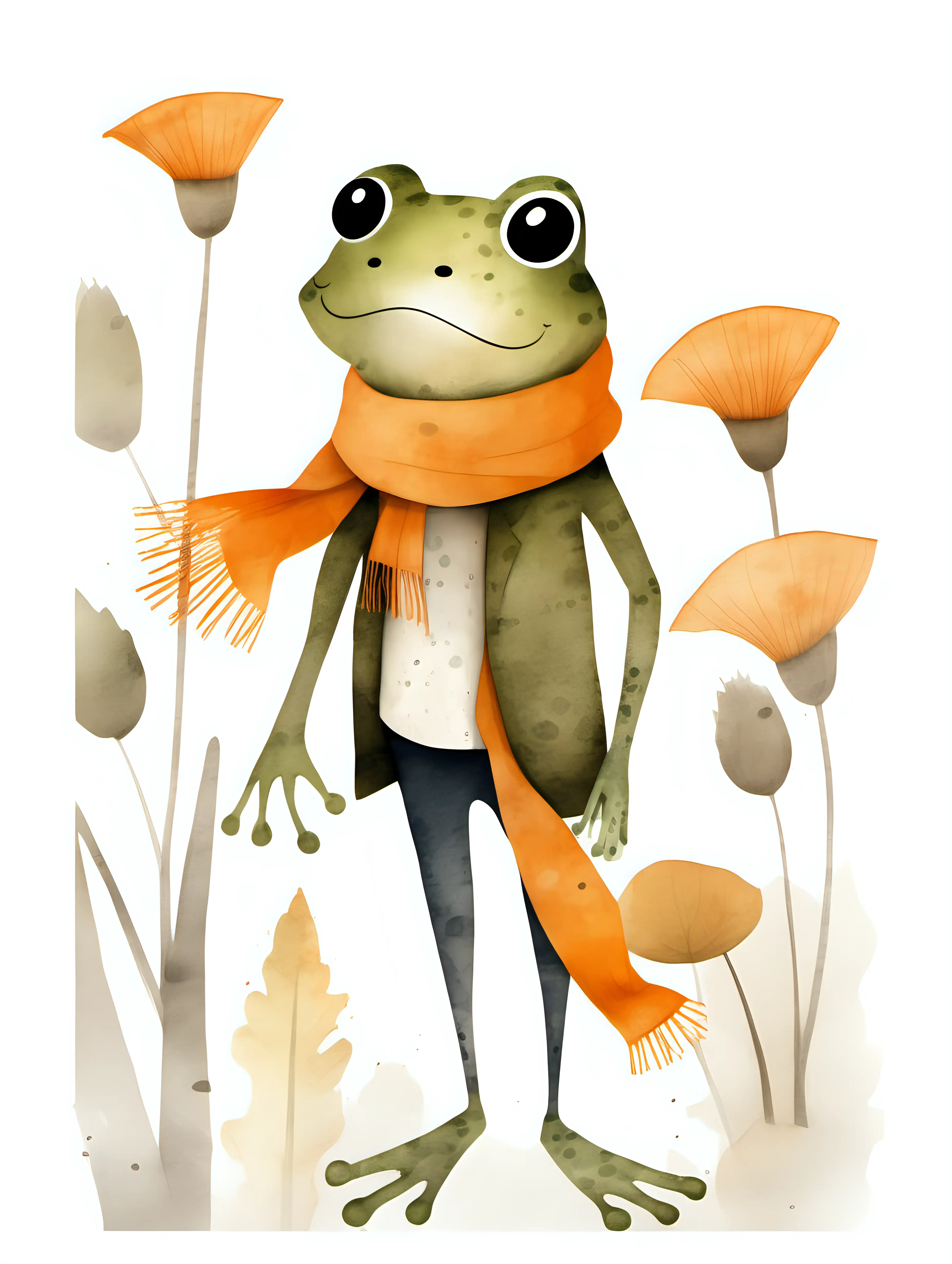 A cute frog clipart wearinf orange scarf, organic forms, in the style of jon klassen, desaturated light and airy pastel color palette, nursery art, white background