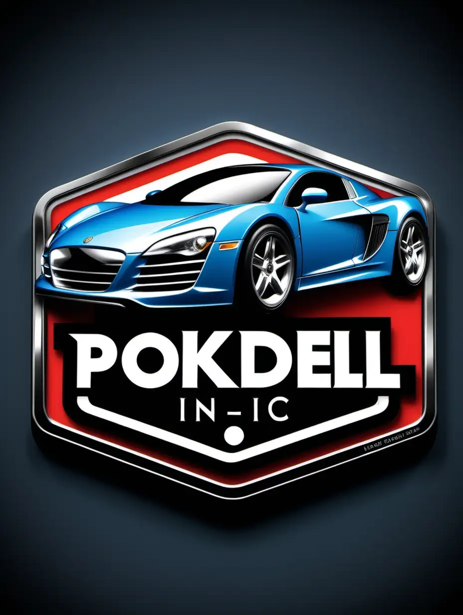 Design a captivating emblem with the word 'Pokdell inc.' incorporated artistically. Blend modern and vibrant elements, and consider incorporating subtle imagery that reflects a sense of diecast car collection,  Emphasize creativity and a balanced composition to make the emblem visually appealing and suitable for a dynamic concept, hyper realistic photography,