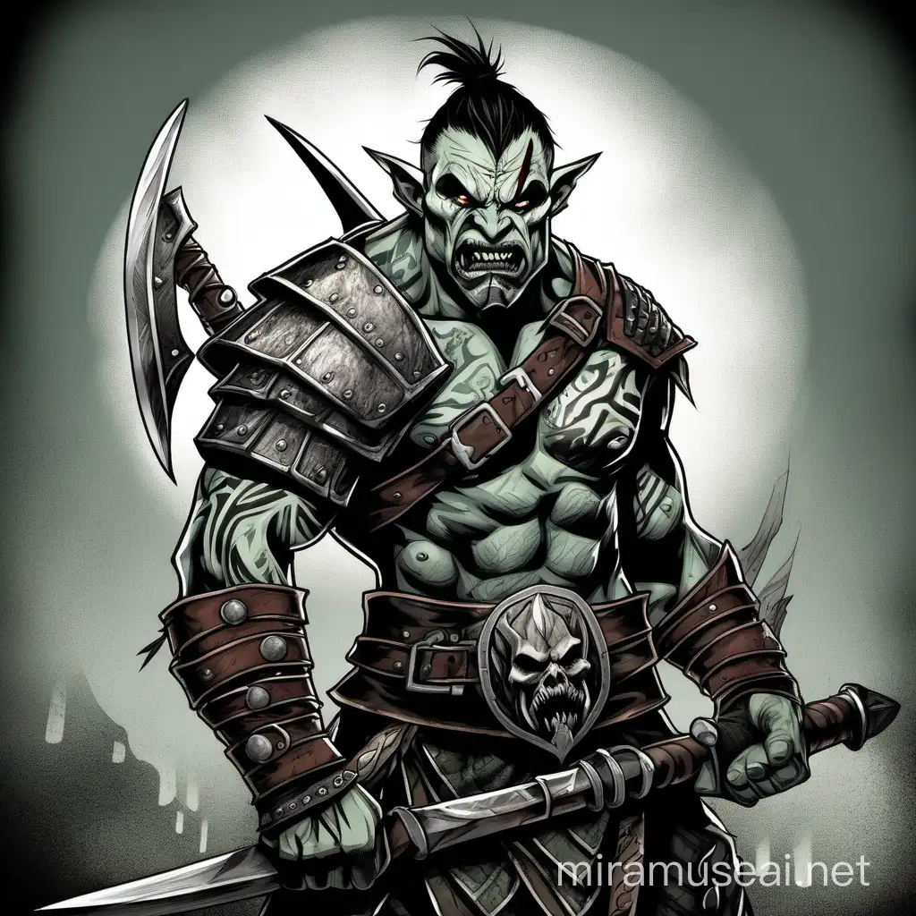 An angry half-orc fighter with grey skin, sharp teeth, war paint on his face, tatoos, and a scar across his throat. He is holding a glaive on a pole. He is wearing armor.