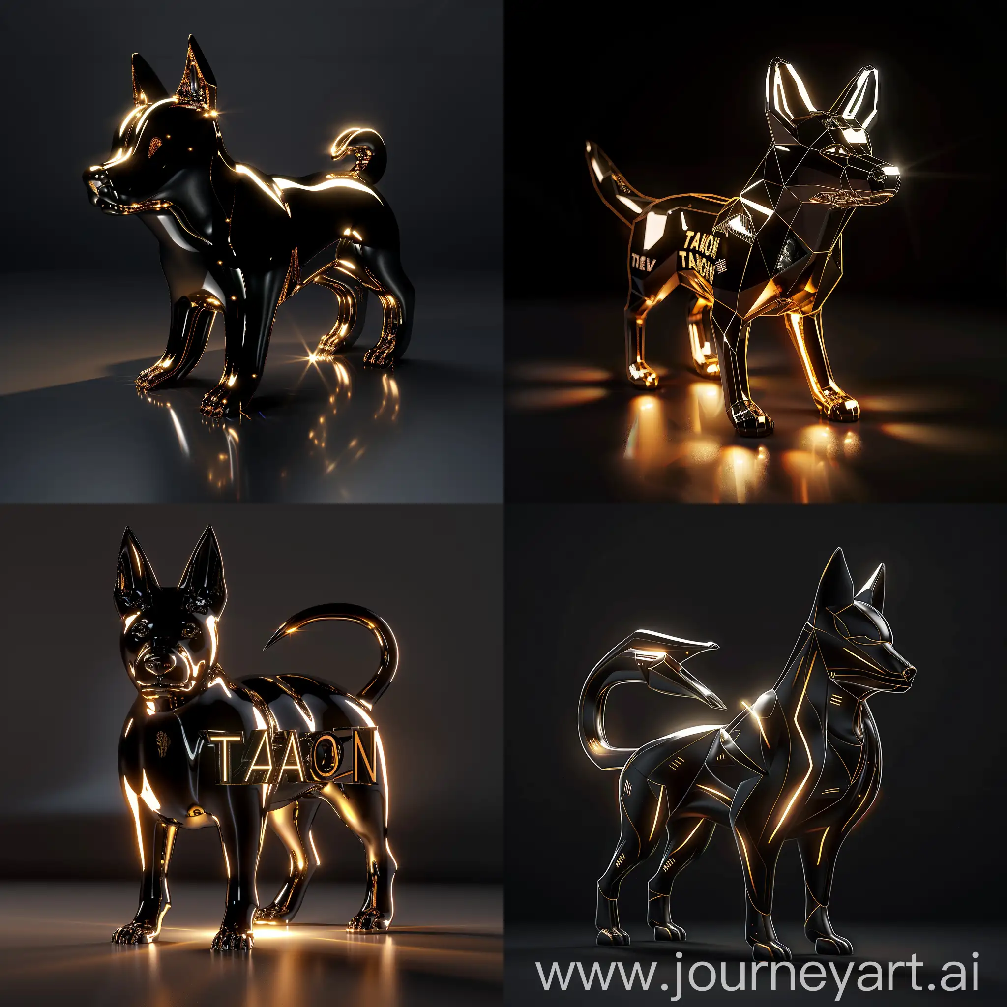 Create A realistic 3D logo, symbol TAWON team,shiny black gold dog,picture of glowing,light dark background,elegant style,fantastic ethereal style,professional writing,high-quality,embossed,futuristic,highly detailed