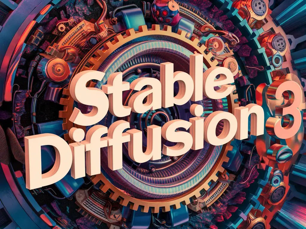 3d word “Stable Diffusion 3” with some gears on it, in the style of psychedelic influences, intricately mapped worlds, cyberpunk realism, album covers, afrofuturism-inspired, textural explorations, eye-catching detail