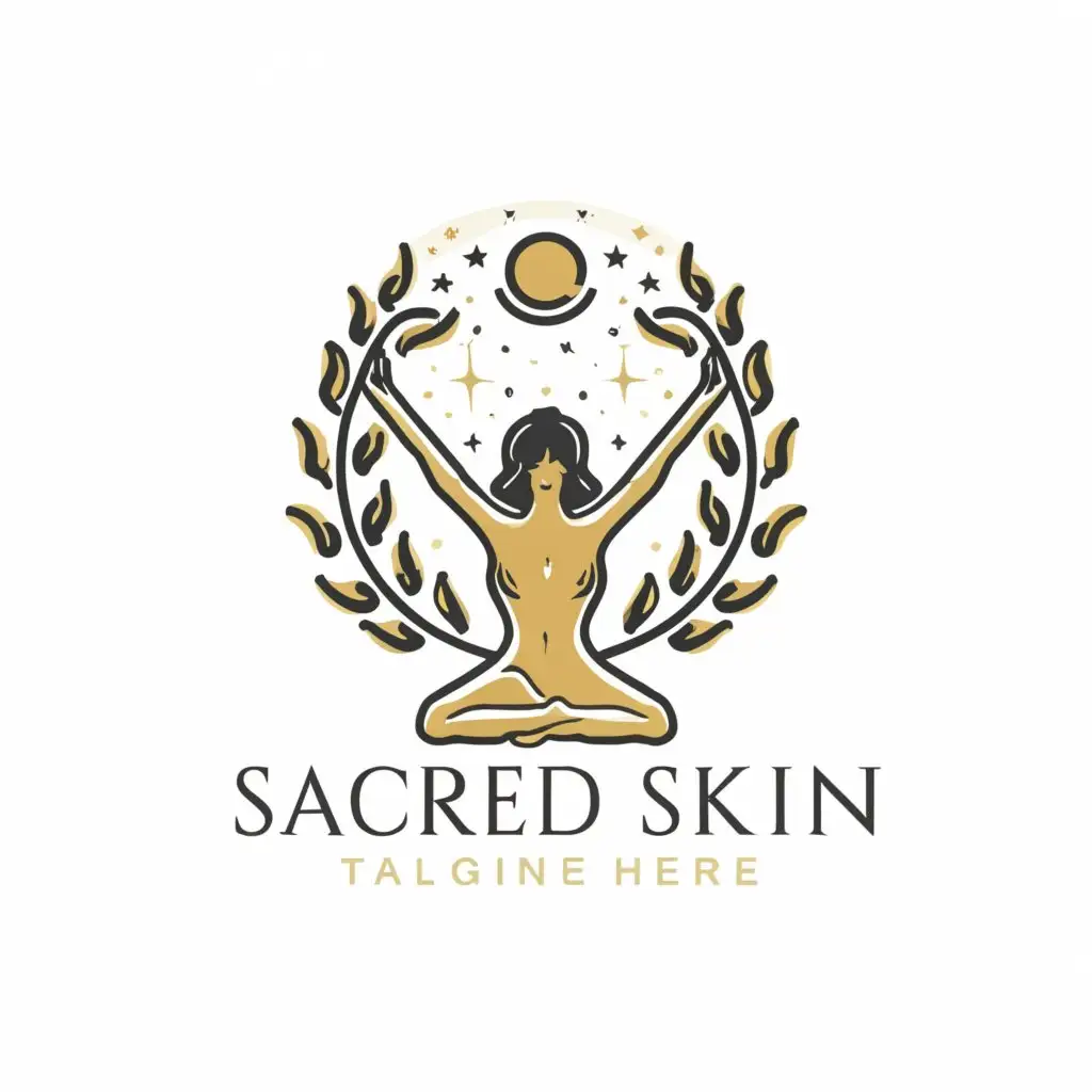 a logo design,with the text "Sacred Skin", main symbol:silhouette of a woman with, trees, plants, stars, and moon,Moderate,be used in Beauty Spa industry,clear background