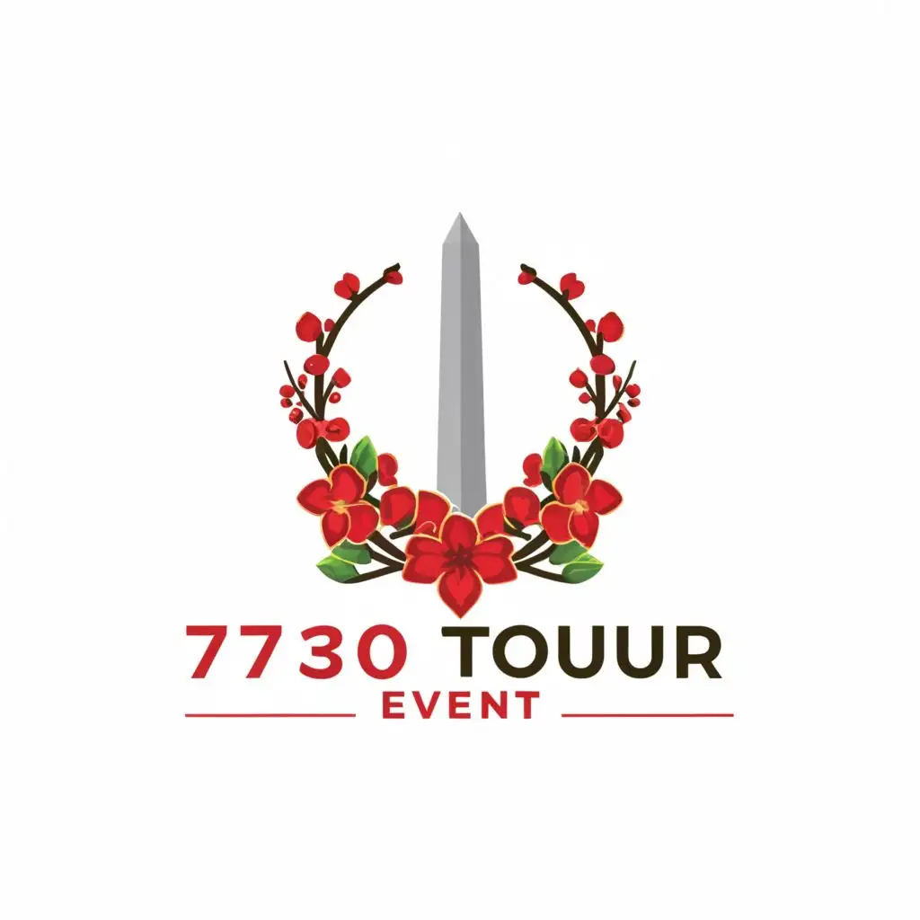 a logo design,with the text "730 Tour", main symbol:Washington Monument with cherry blossoms on either side, with a small Red Cardinal perched on top,Moderate,be used in Sports Fitness industry,clear background