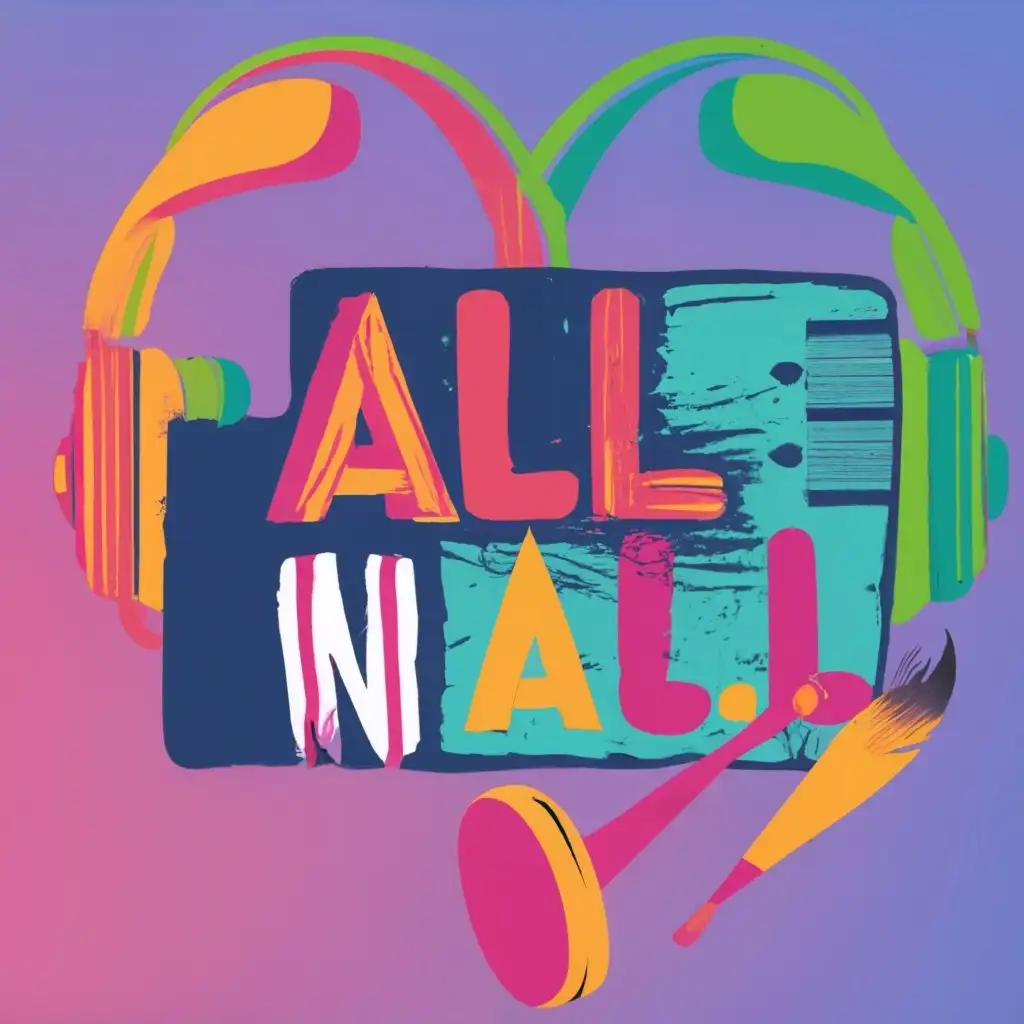 logo, Combine icons representing music, film, and art, such as headphones, a filmstrip, and a paintbrush, to showcase the variety of content you'll be sharing., with the text "All In All", typography