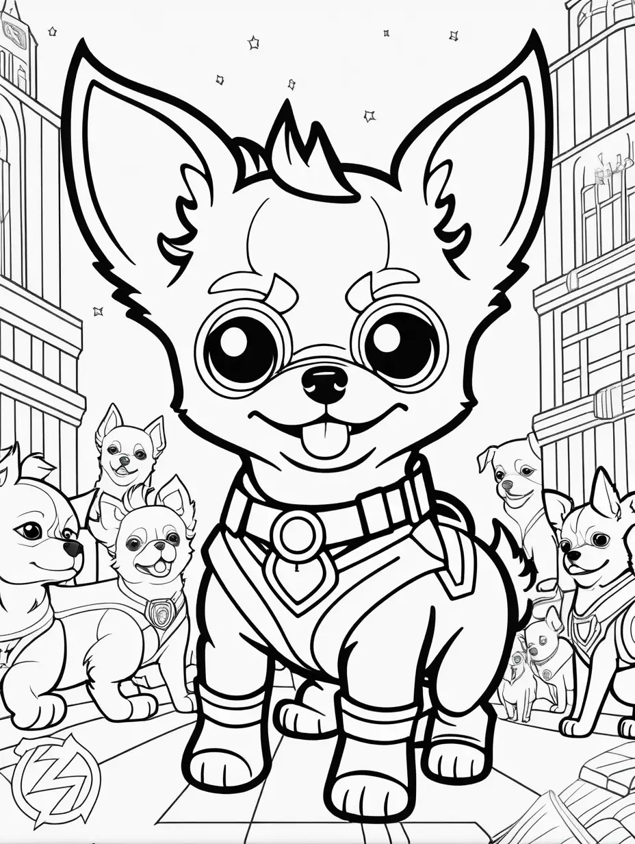 easy level colouring book page for child and adults, black and white, clear lines, dog super hero themed. Super Pup's School of Heroics: Training Ground Coloring Book.    Showcase the superhero pomeranian Chihuahua