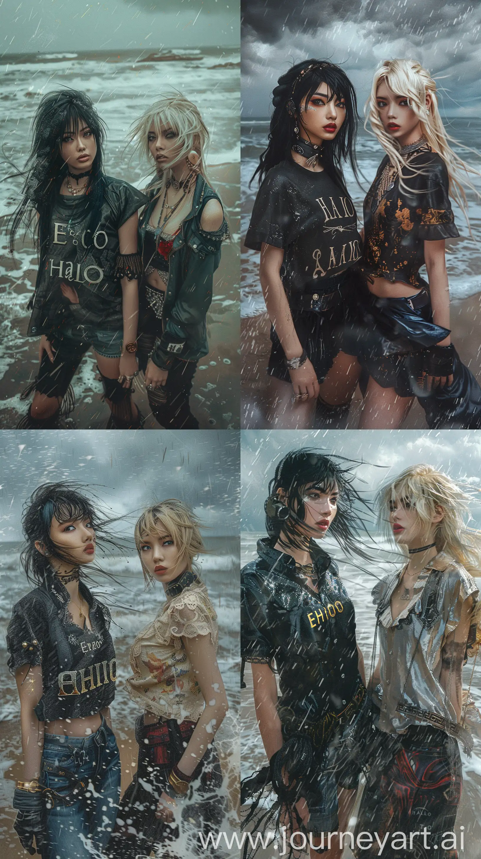 Wide-Angle Shot, a beautiful woman with black hair and shirt with the inscription "Echo" ,and a blonde woman with a shirt with the inscription "Halo" standing on the beach in a storm, it's raining and it's windy, old fashion, bohemian fashion,style of nathalie shau, steampunk clothes, elaborate clothing, japanese street fashion, techno-punk, award winning fashion photo, dreampunk urban romanticism artwork,  CGSOCIETY 9, Urban Fantasy Romance Book Cover, Digital Art, 8k --ar 9:16