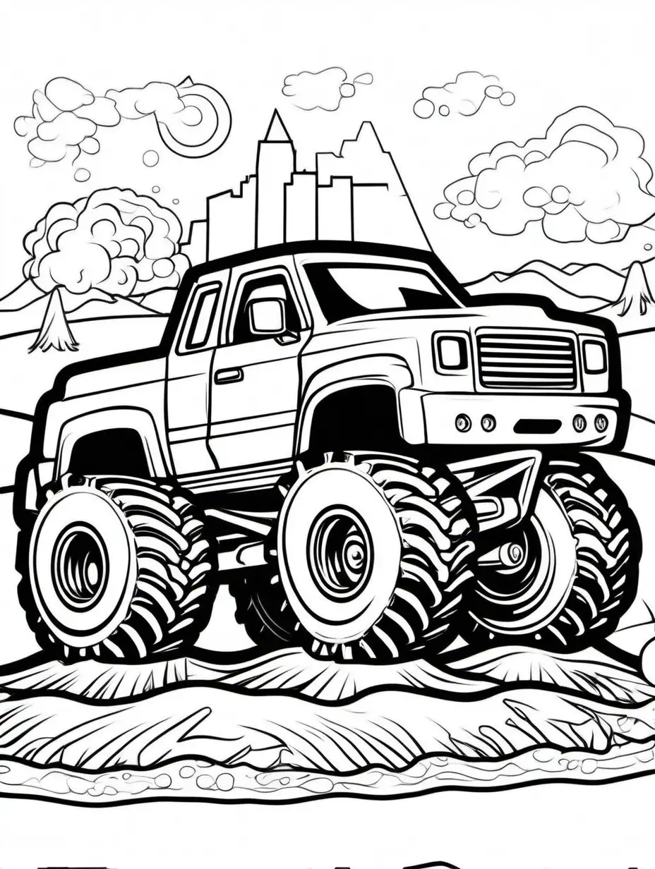 monster truck coloring page for kids, Sticker, Cute, Neon, Pixar, Contour, Vector, White Background,, Coloring Page, black and white, line art, white background, Simplicity, Ample White Space. The background of the coloring page is plain white to make it easy for young children to color within the lines. The outlines of all the subjects are easy to distinguish, making it simple for kids to color without too much difficulty