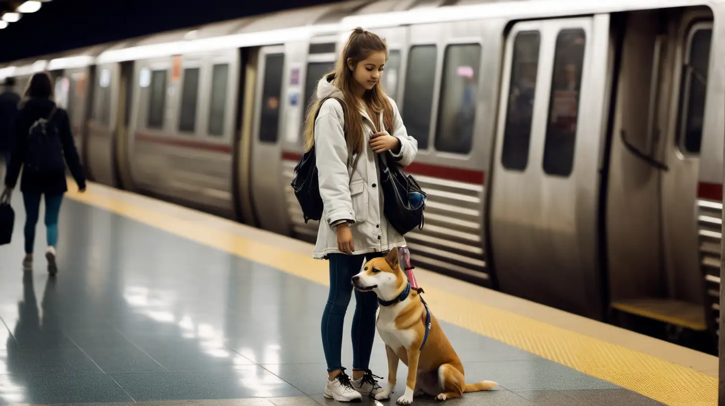 Urban Commute Young Woman with Dog at Train Station Subway
