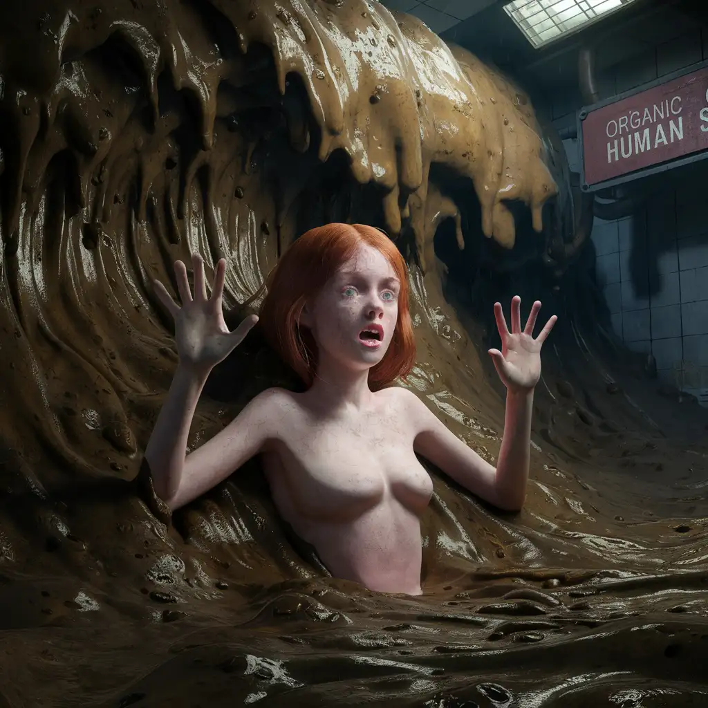 Unity cg 3d render image of giant sewer liquid cow mud wave of a young redhead women undressed flat chest drowning hands up inside high screaming crying, pancart write "Organic human sewer".