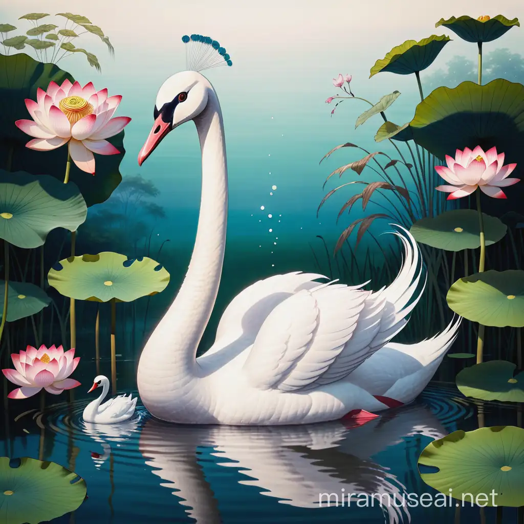 Lotus on pond water. A swan with a crane head and peacock head joined to the swan. Junji ito style,