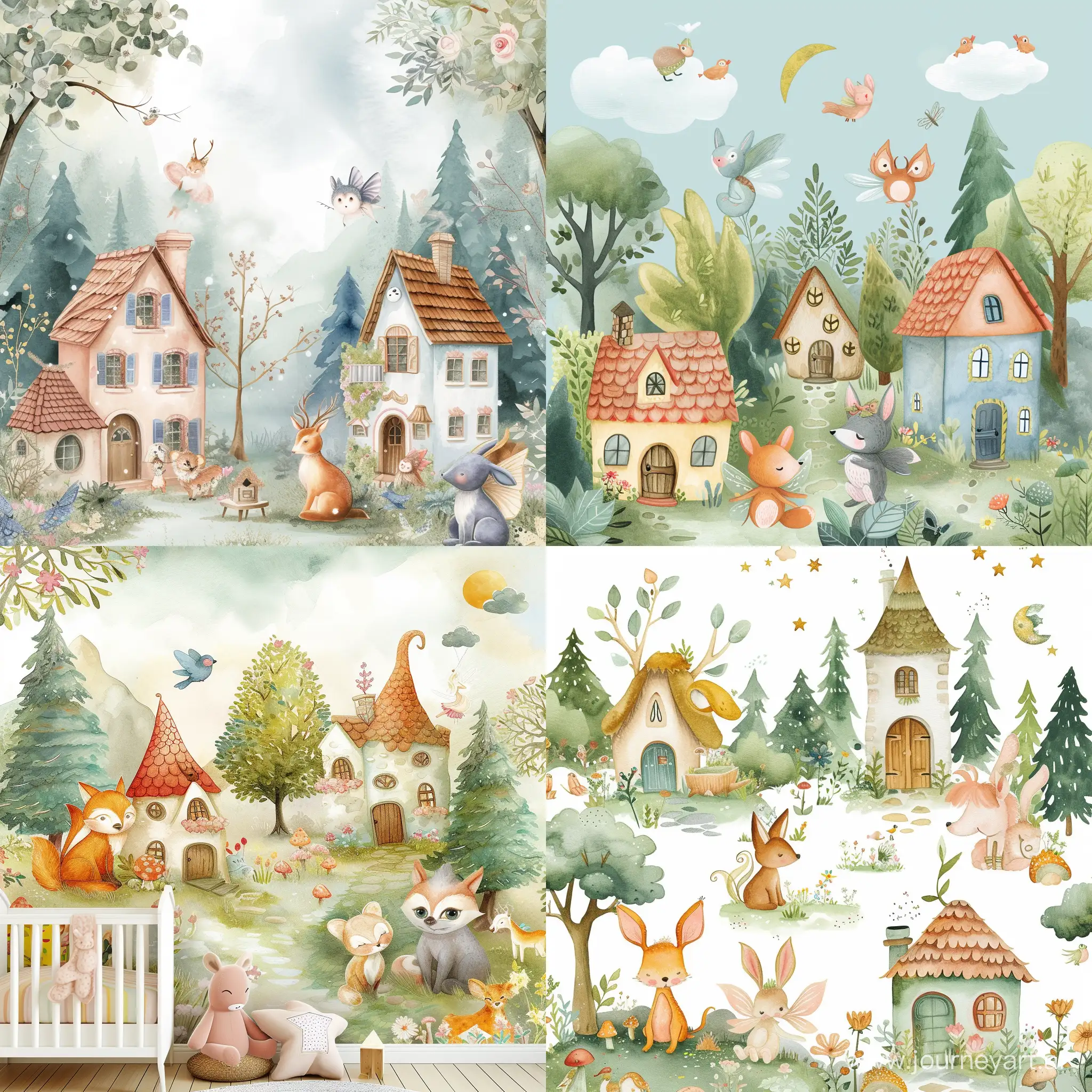 children's illustrations on one photo animals, forest, sky, fairy houses, wallpapers for children with individual design