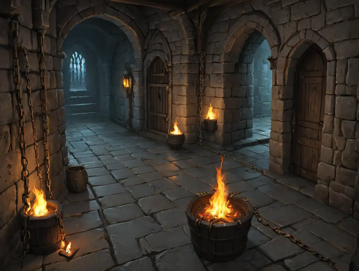 A dungeon like jail in theme of Ultima Online, dark hallway, wall torches, chains, tub of water