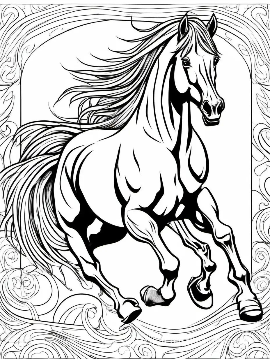 Um cavalo em movimento, com a crina esvoaçante e as patas dianteiras levantadas., Coloring Page, black and white, line art, white background, Simplicity, Ample White Space. The background of the coloring page is plain white to make it easy for young children to color within the lines. The outlines of all the subjects are easy to distinguish, making it simple for kids to color without too much difficulty