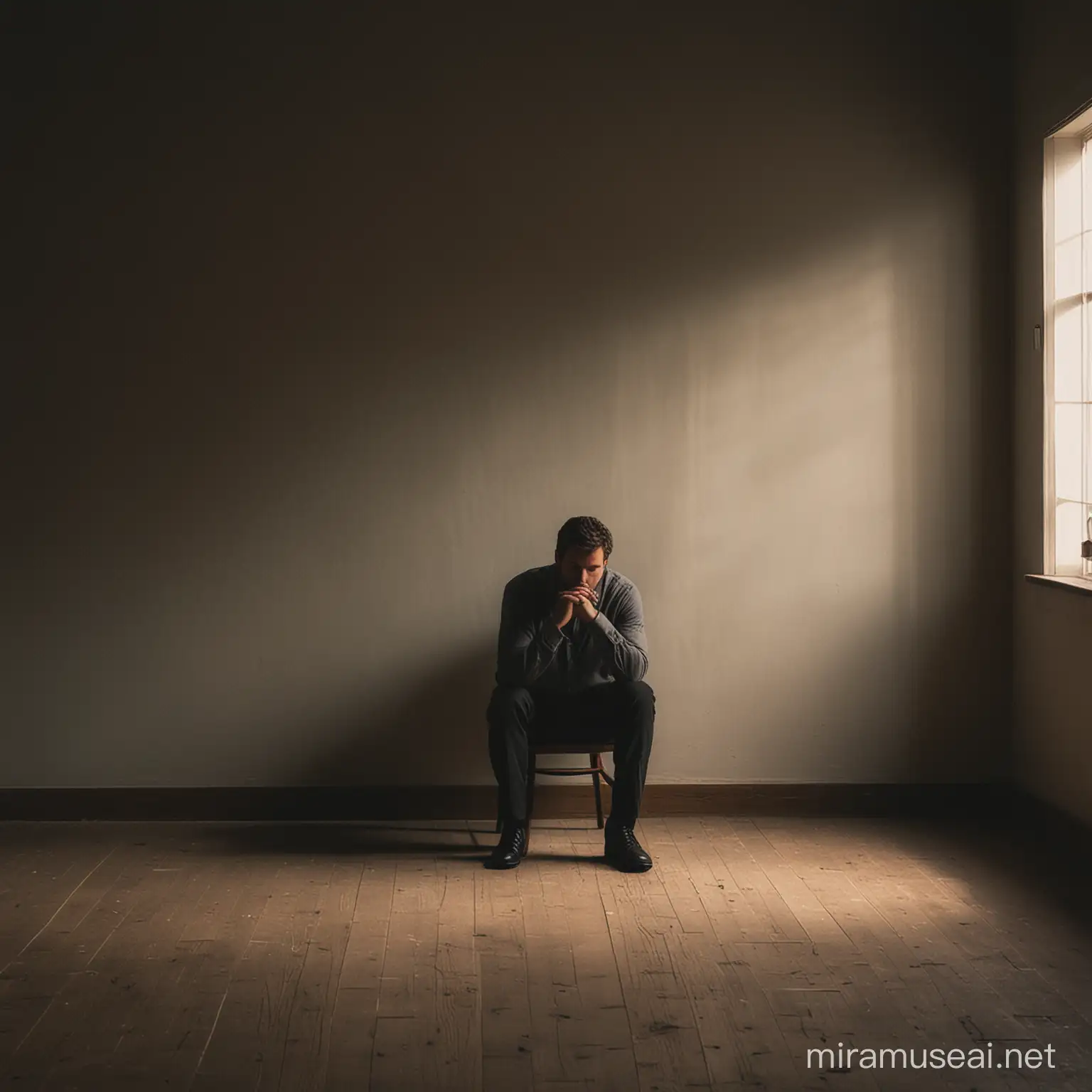 Contemplative Man Alone in Dimly Lit Room