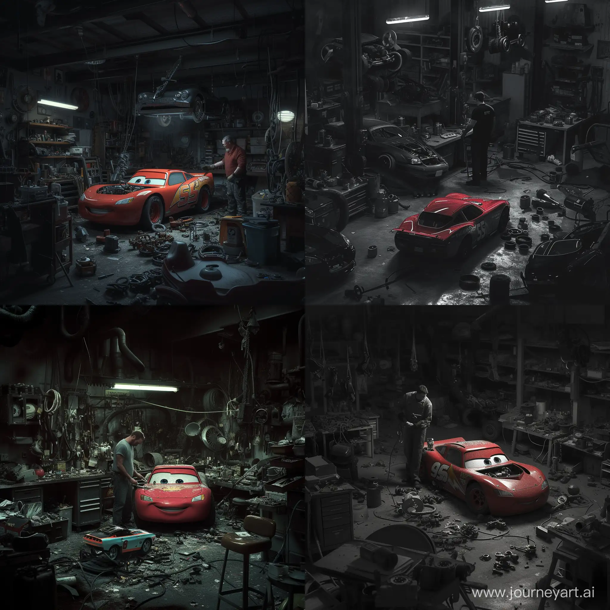 Большой сильный механик стоит в очень темном гараже ремонтируя Lighting McQueen, по всюду разбросаны различные детали. Фотография в темных тонах