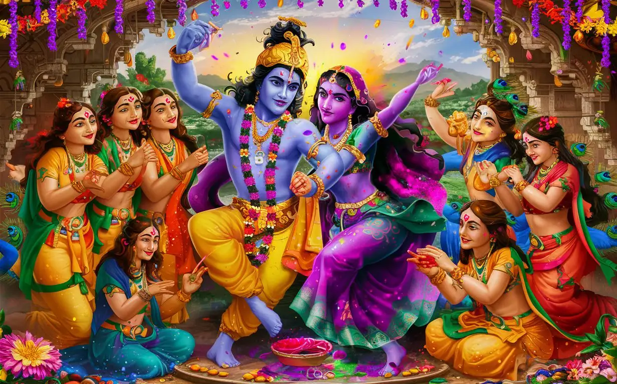 Radha Krishna Holi Celebration with Gopis in Vibrant Colors