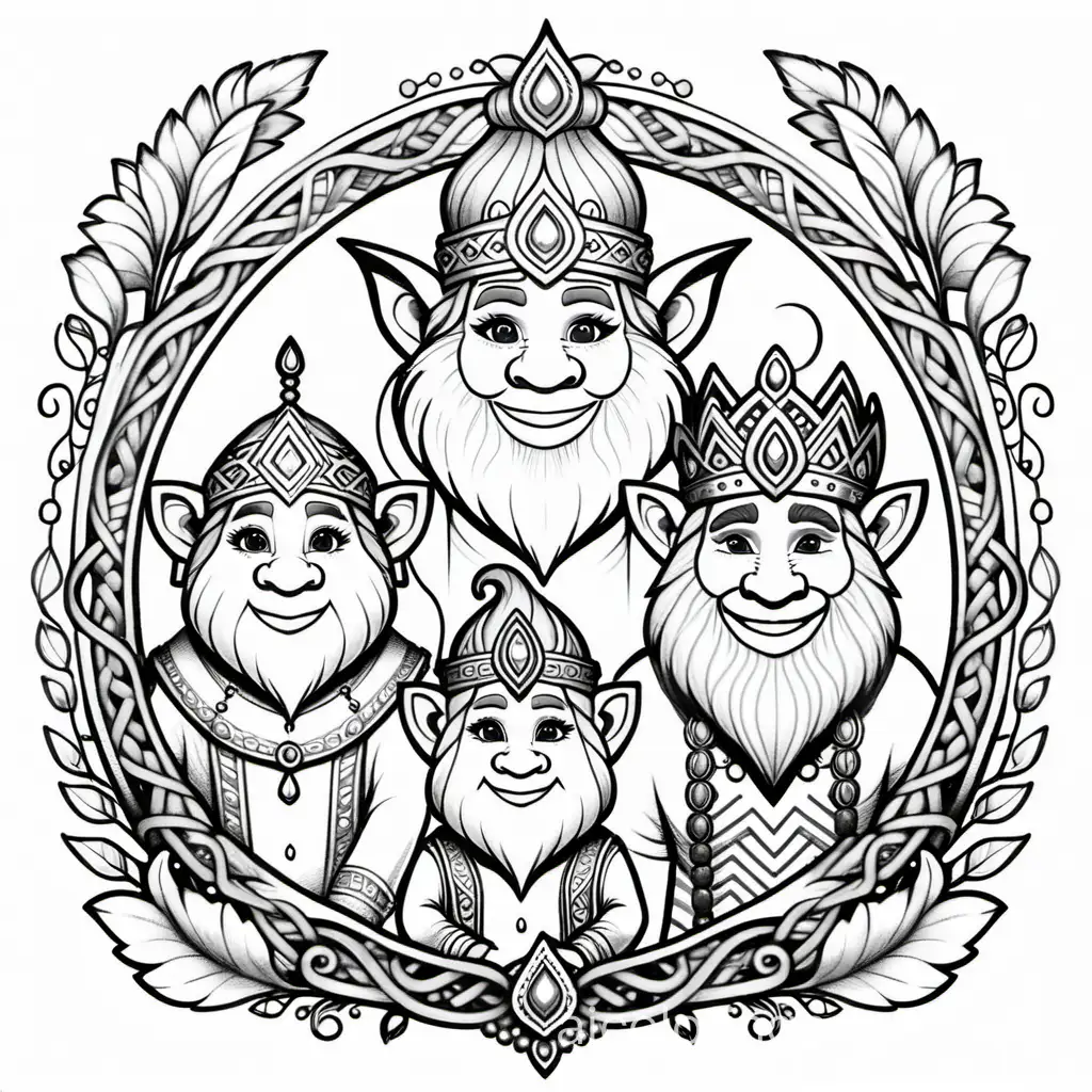 trolls drawn by Johanna Buford inspired by thomas dambo:: coloring pages for adults with an elegant royal court adorned with intricate vines with a hyperrealistic  approach clean black and white line art clear open spaces no shading no color allow to be filled in outlined charcoal::2 --v 4 --chaos 53 --stylize 362 , Coloring Page, black and white, line art, white background, Simplicity, Ample White Space. The background of the coloring page is plain white to make it easy for young children to color within the lines. The outlines of all the subjects are easy to distinguish, making it simple for kids to color without too much difficulty
