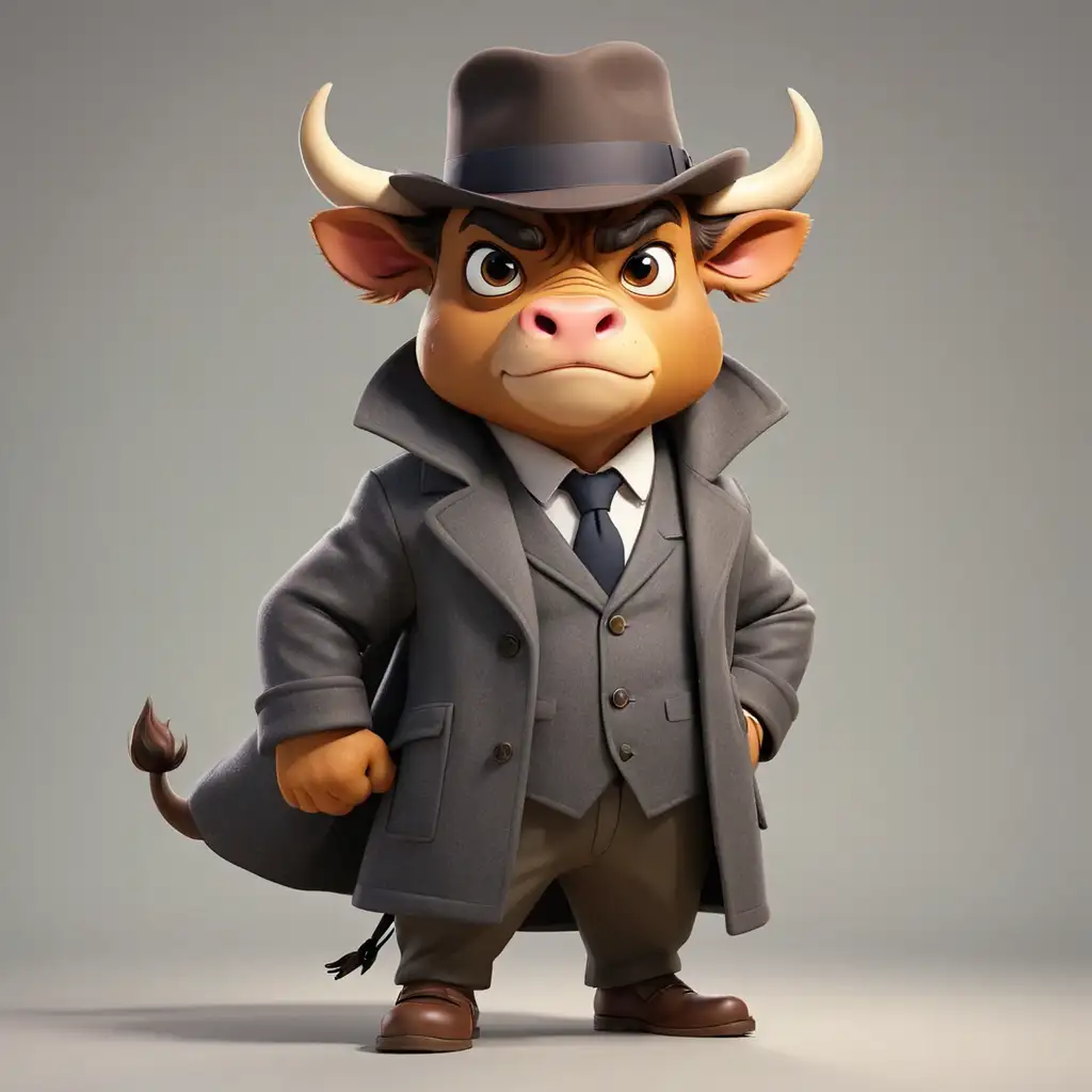 a bull, cartoon style, full body, big eyes, Detective with overcoat and formal hat, clear background