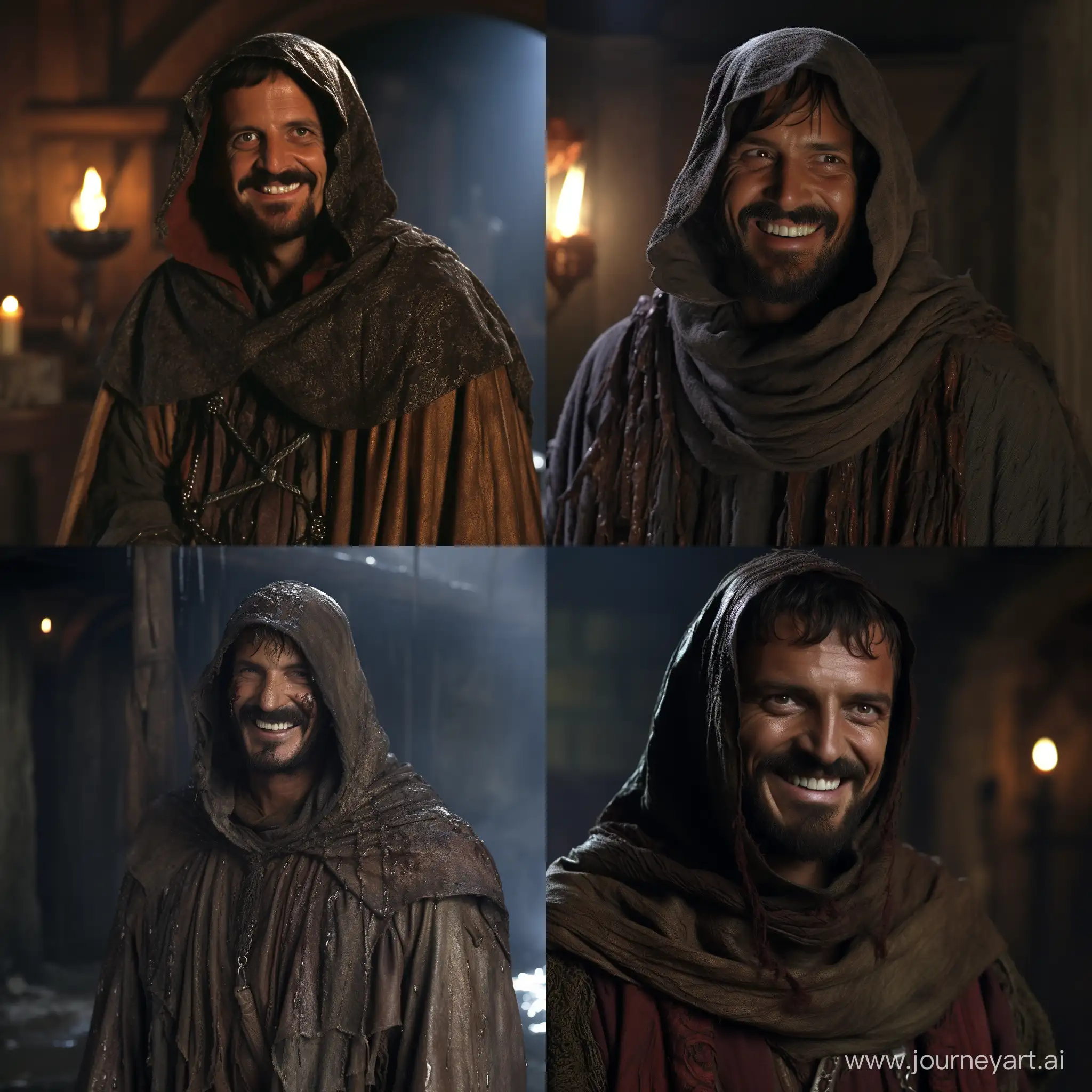 dvd screenengrabs character/Arx Fatalis, a smiling thin man with a slight smile and a small beard and mustache dressed in a robe and hood dark fantasy 1980 style