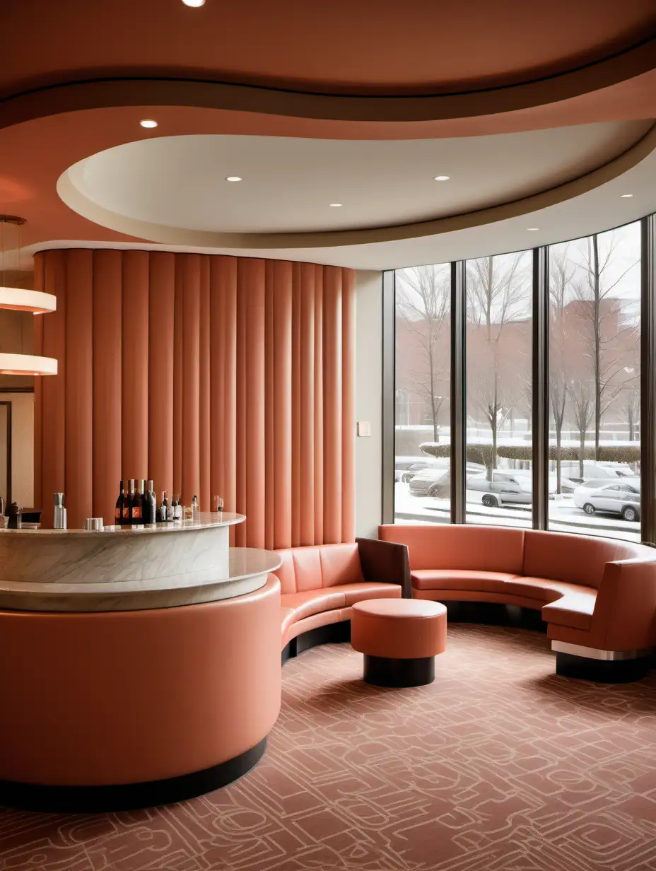 moderne Sitzgelegenheiten an einer Fensterfront in einer Hotellobby mit Bar oder Theke mit Blick nach draußen, geschwungene Wand in warmem lachsfarbenen ton, Rundes Zimmer, sitzmöbel in weiß