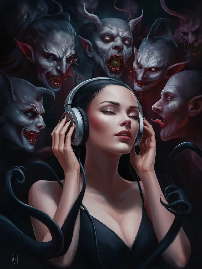 digital painting of a beautiful woman surrounded by shadowy figures or demonic creatures whispering into her ears as she listens to music through headphones or a modern speaker, symbolizing the sinister forces at play when she indulges in secular music.