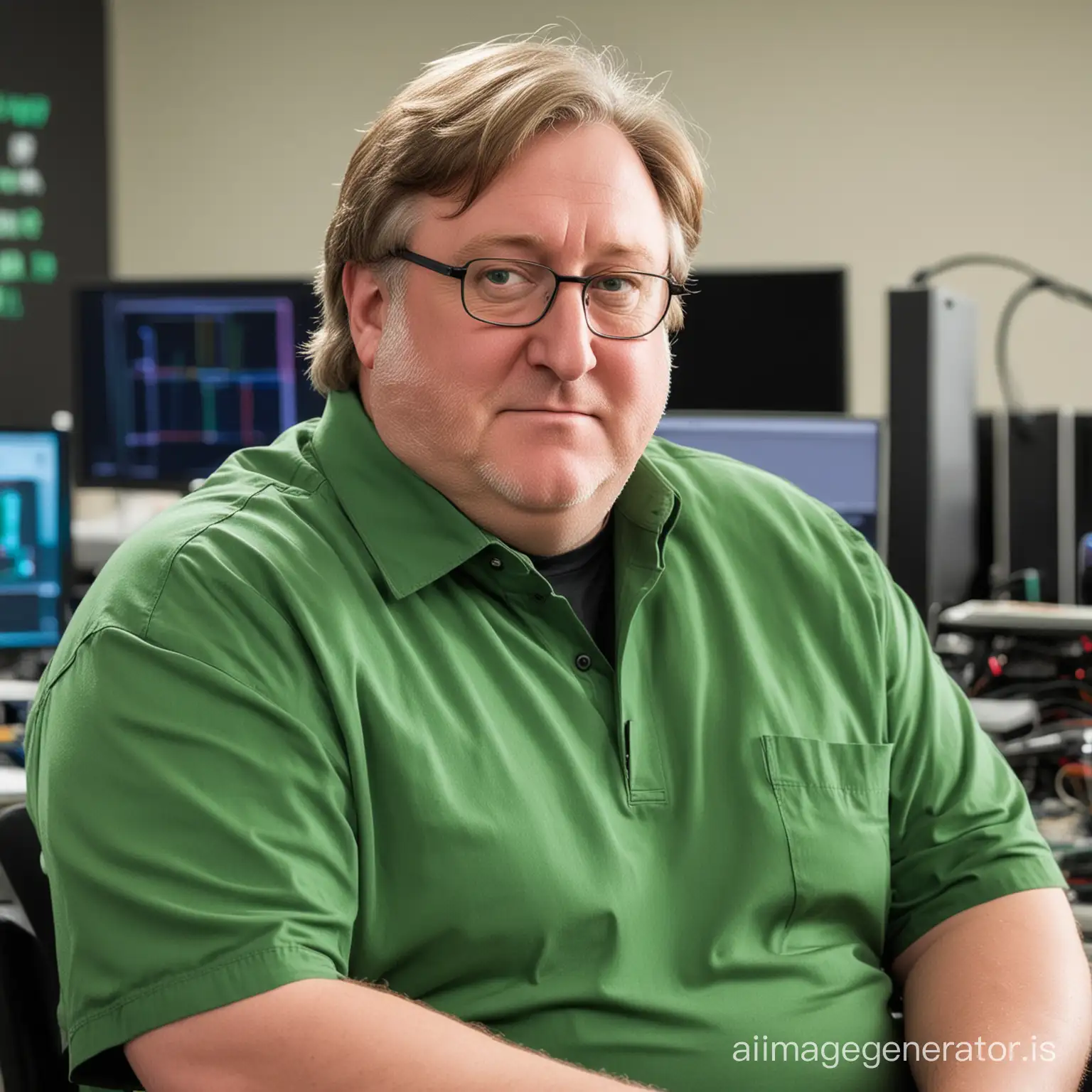 gabe newell wearing a green shirt with slicked back hair sitting in front of out of focus lab equipment