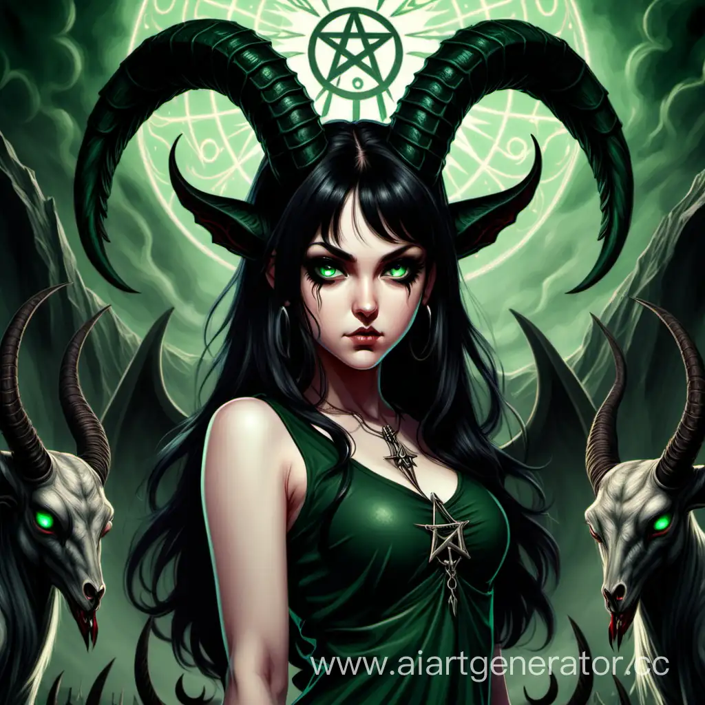 A dark-haired girl with dark green eyes stands in front of Baphomet