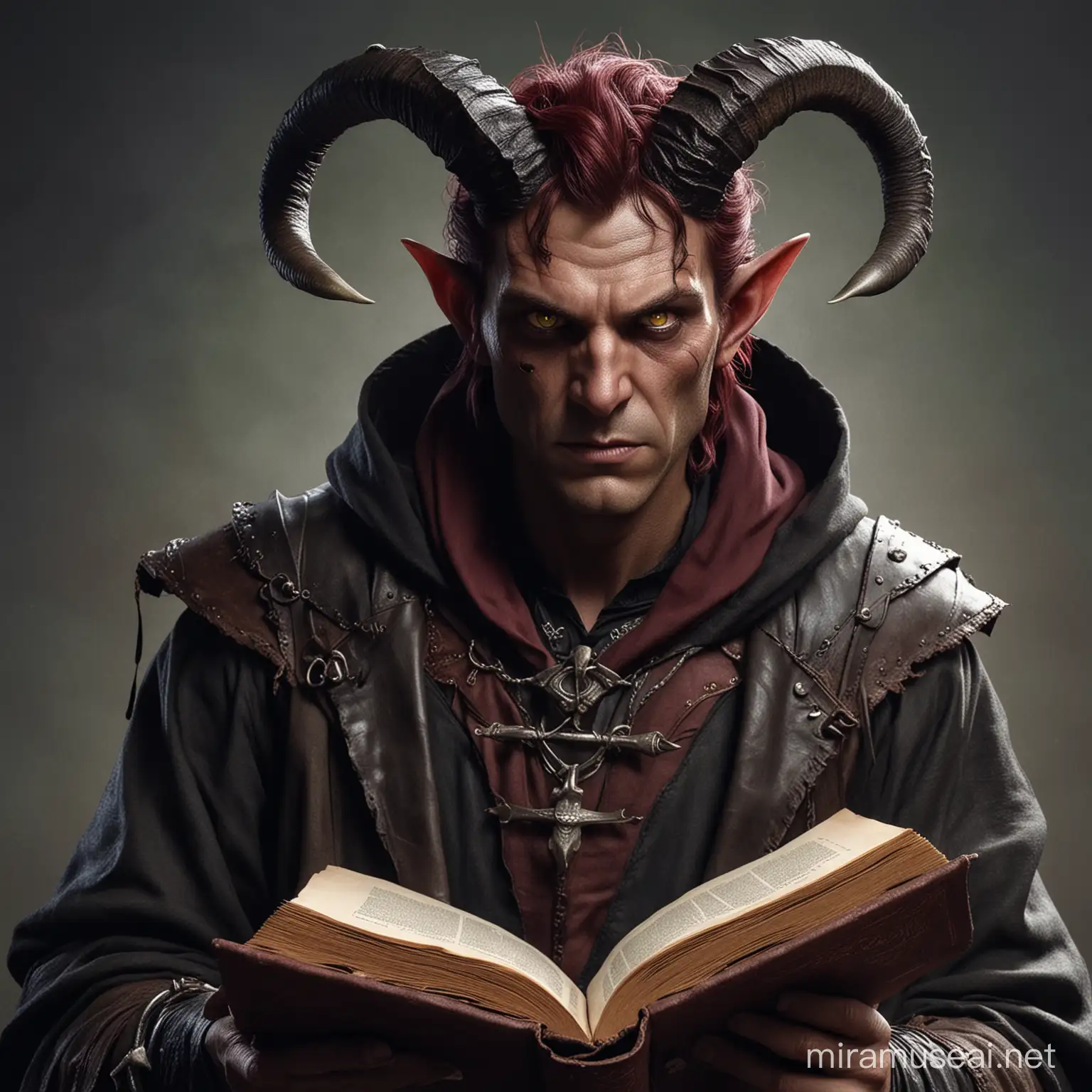 Make a movie character image for Skamos, he has the following characteristics: 

-is an old tiefling (around 80 years)
-has a giant old leather tattered book with protrusions
- has a burgundy colored skin
- has a knife with an eye as a handle
-has devil like features (like horns)
- has green eyes
- wears a black cloak