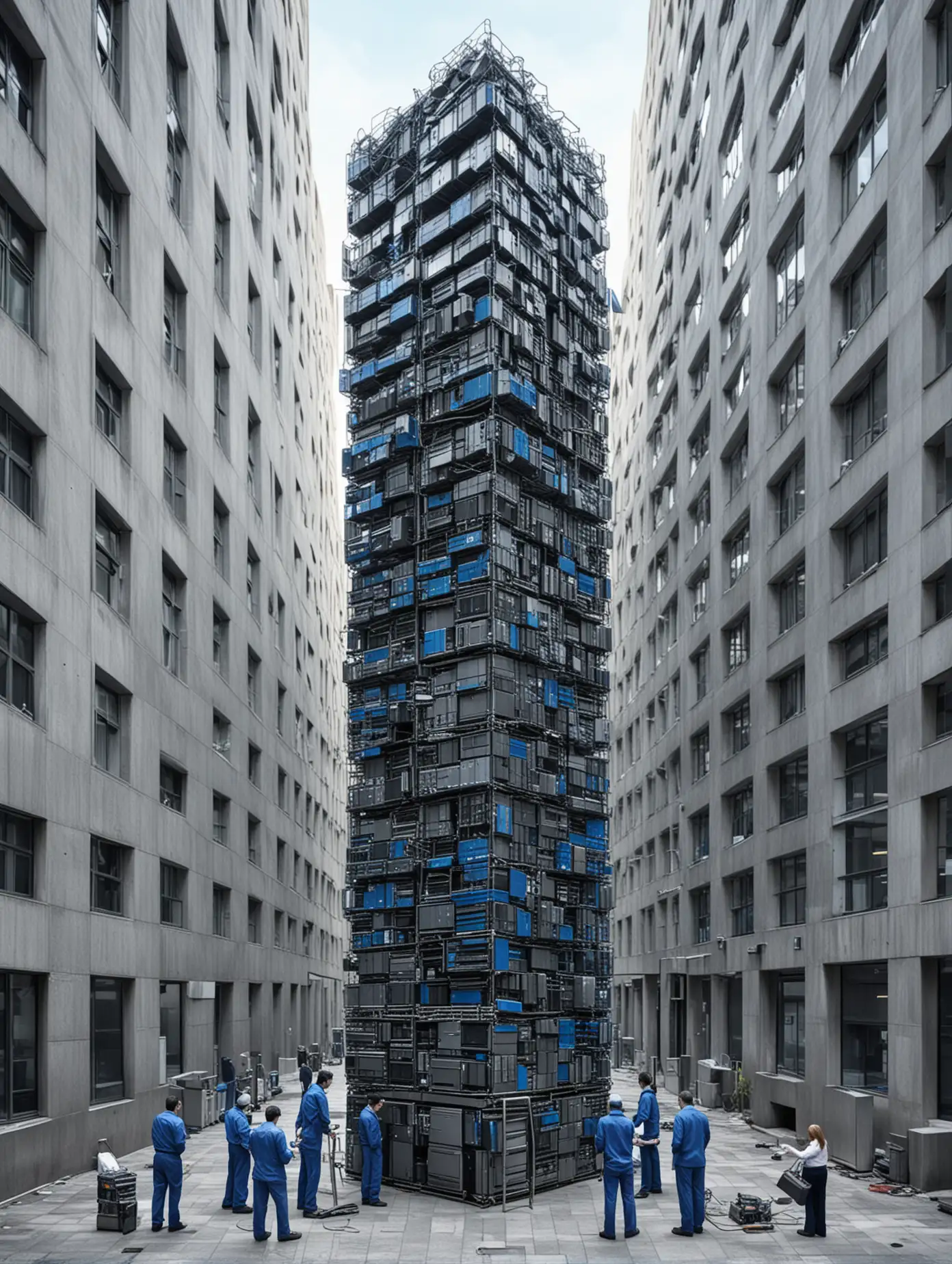 Men in Blue Work Clothes Secure Stacked Tower of Old Computers in Surreal Office Courtyard