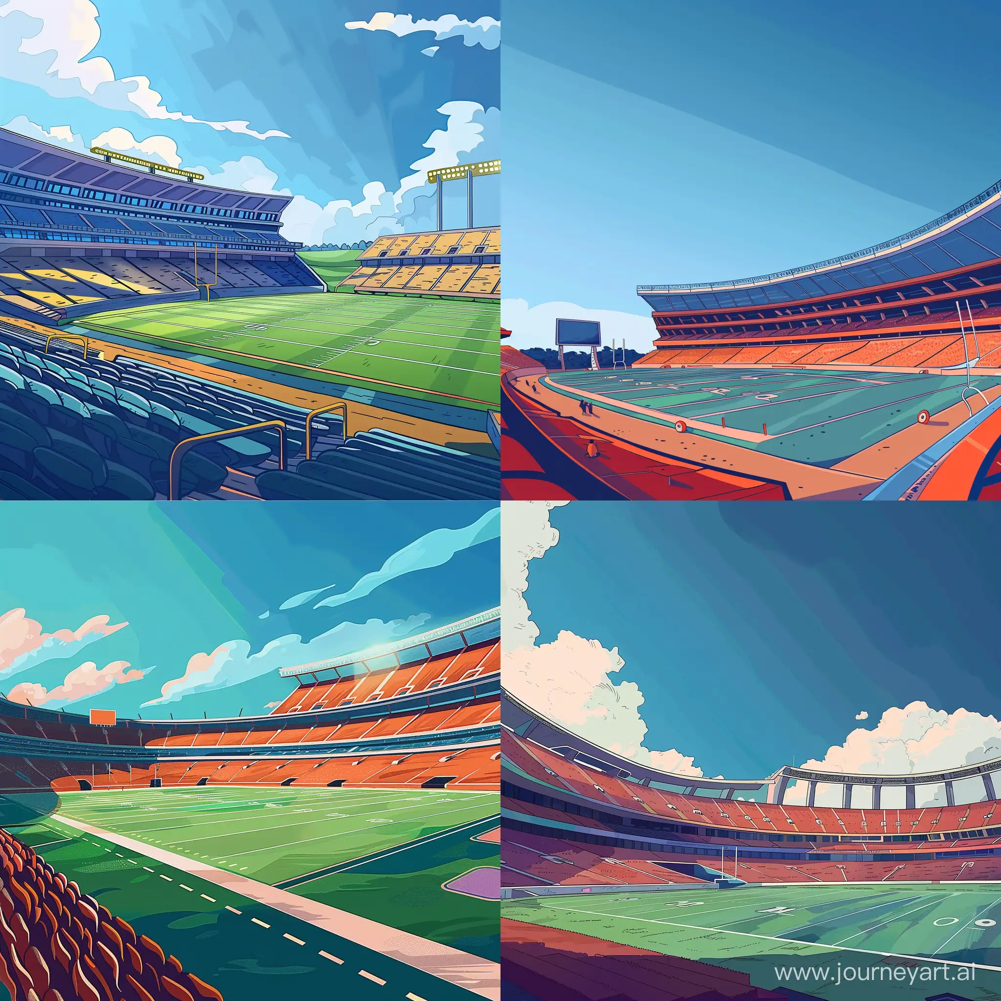 Football Stadium Side View Illustration in Cartoonic Style, Bold Color Details, Extremely Details
